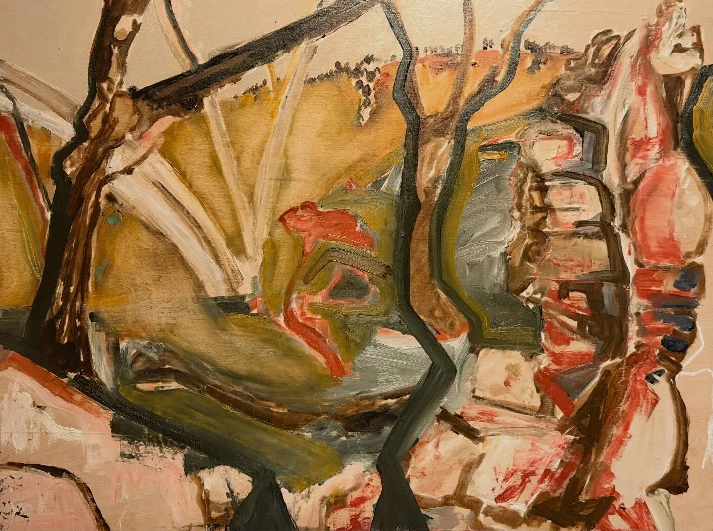 Trees and rock face. 
Oil on panel. 
45.5x61cm