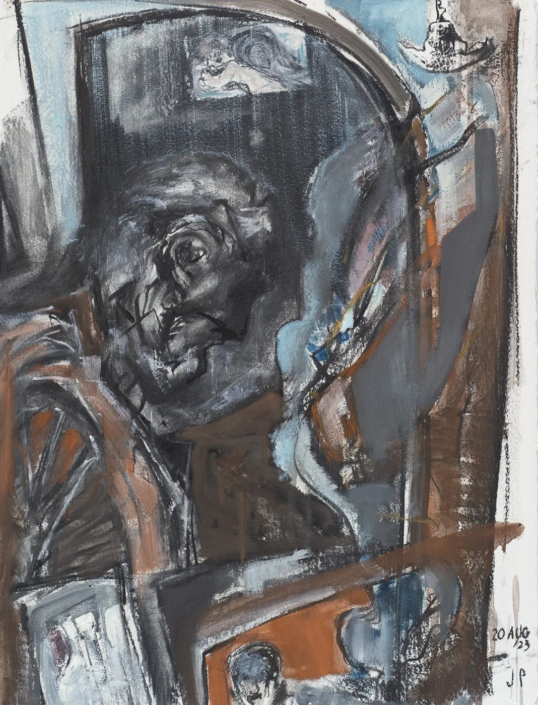  Drawings of Dad: Dad at his dresser.   Oil, charcoal & chalk on Arches paper.  57 x 76 cm 2023