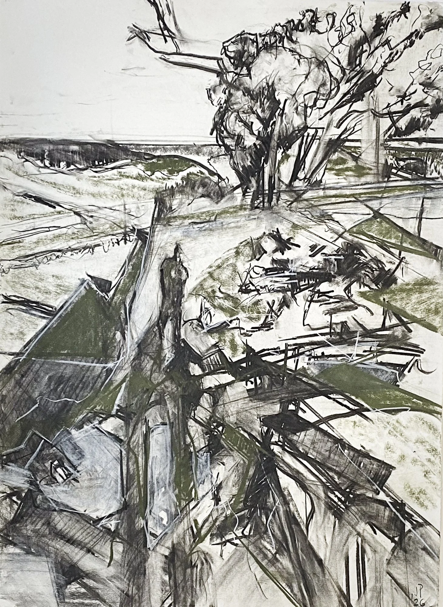  Standing atop the waterfall   Charcoal, chalk & acrylic on paper  76x56cm 2026
