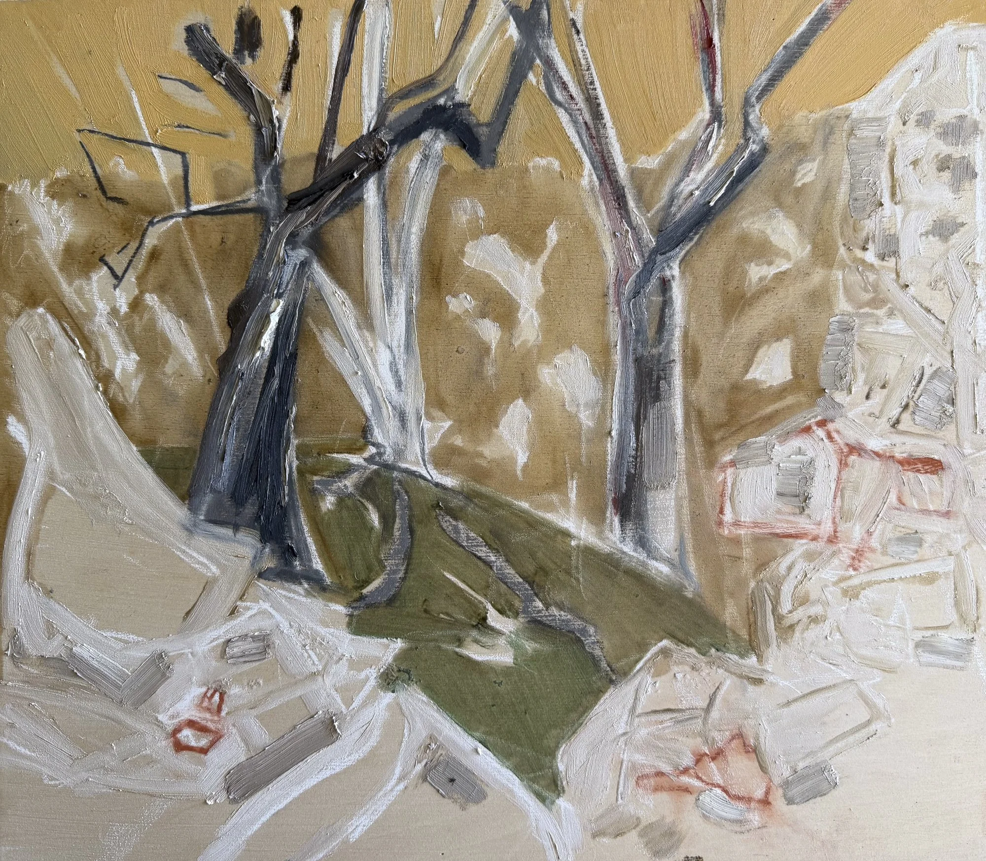  Three Trees (The black & white goanna)   Oil on board  35x40cm 2026