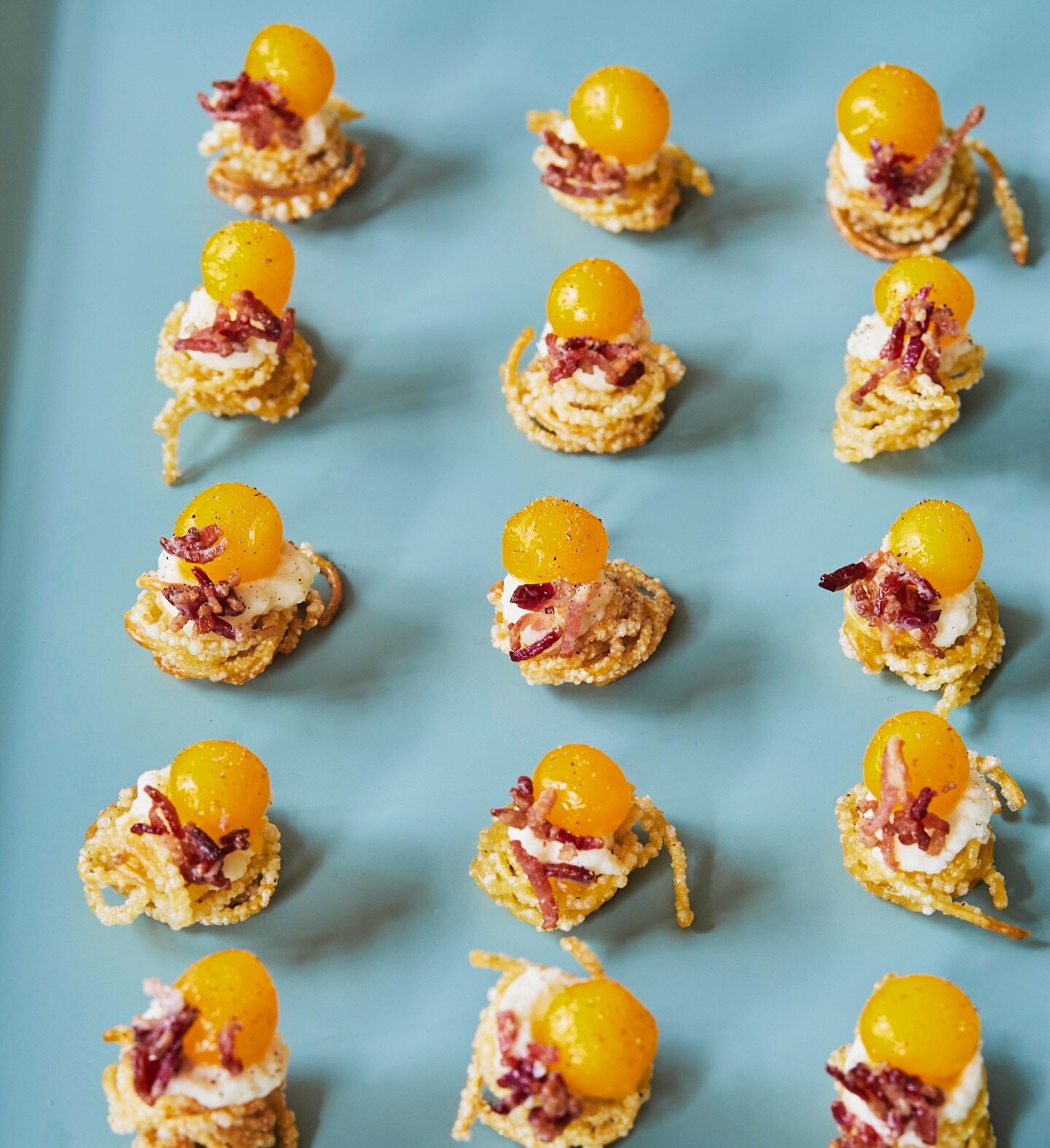 We wanted to create a mouthful of our favourite pasta&hellip; meet Spaghetti Carbonara. He&rsquo;s taken a while to perfect! Crispy spaghetti nests with pecorino cream, a confit quails egg yolk, guanciale and finished with black pepper. One of our mo