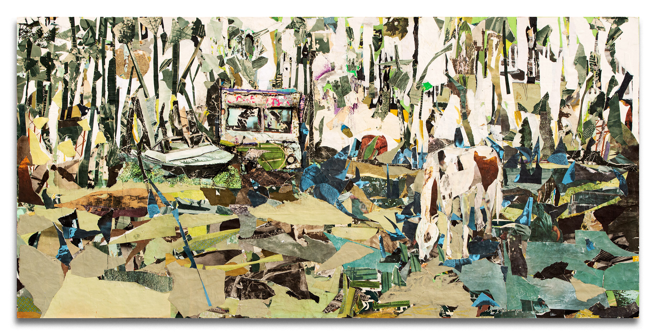   In the pasture of dead horses  24in x 48in. Paper collage, acrylic, and pastel on panel.             