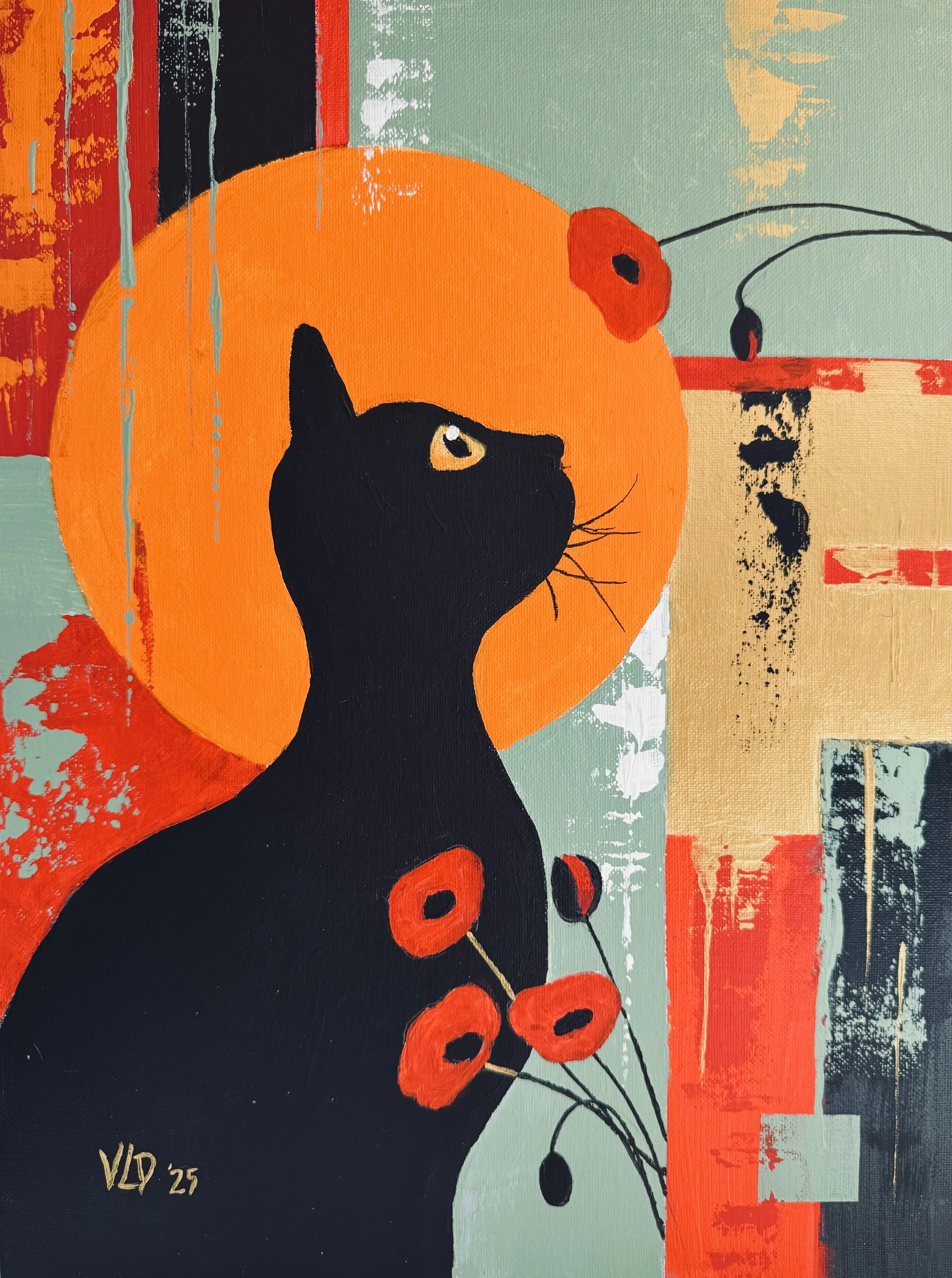 “Le Chat Noir” (acrylic on canvas board, 12 x 16 in)