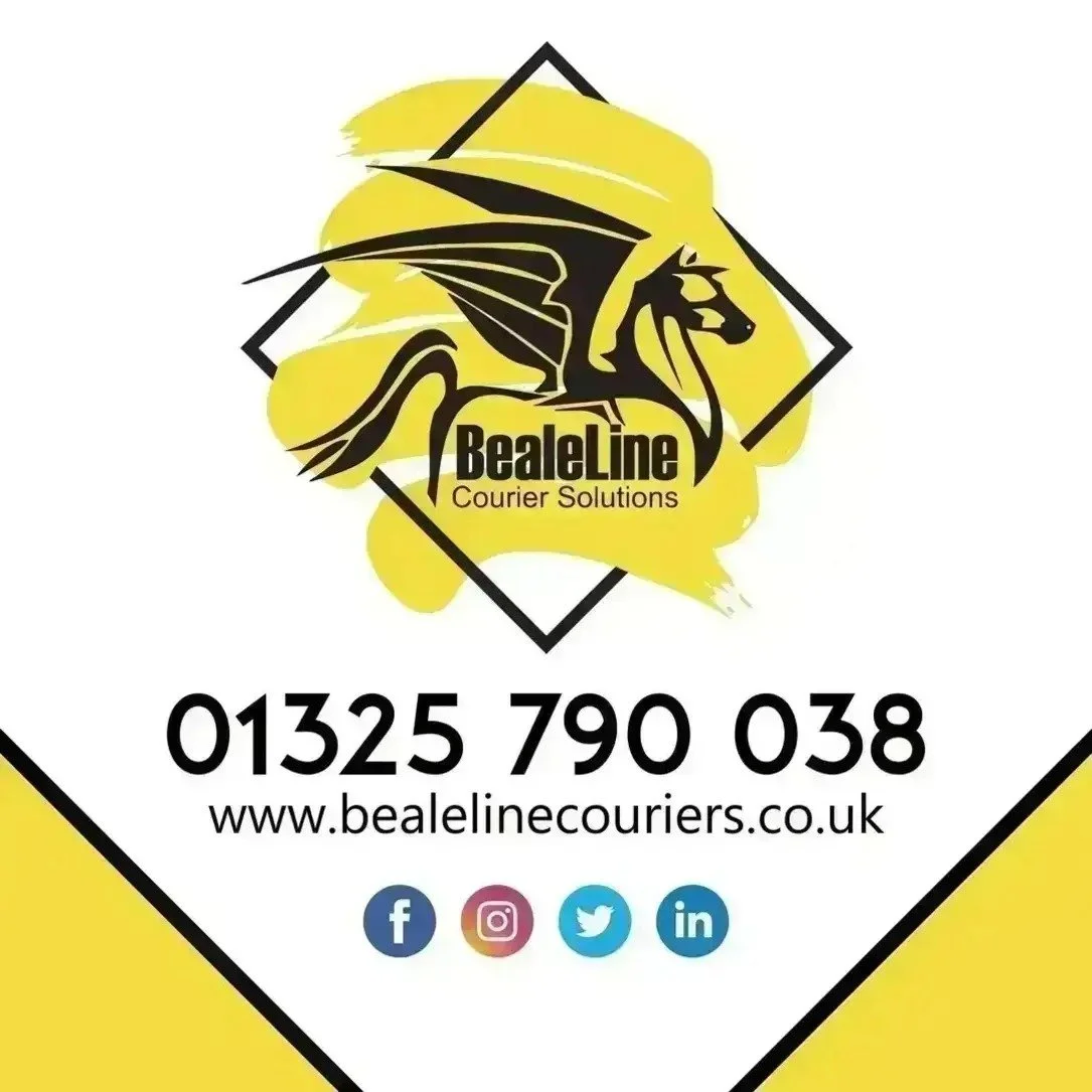 Logo for BealeLine Courier Solutions with a yellow and black winged lion and contact information including phone number, website, and social media icons.