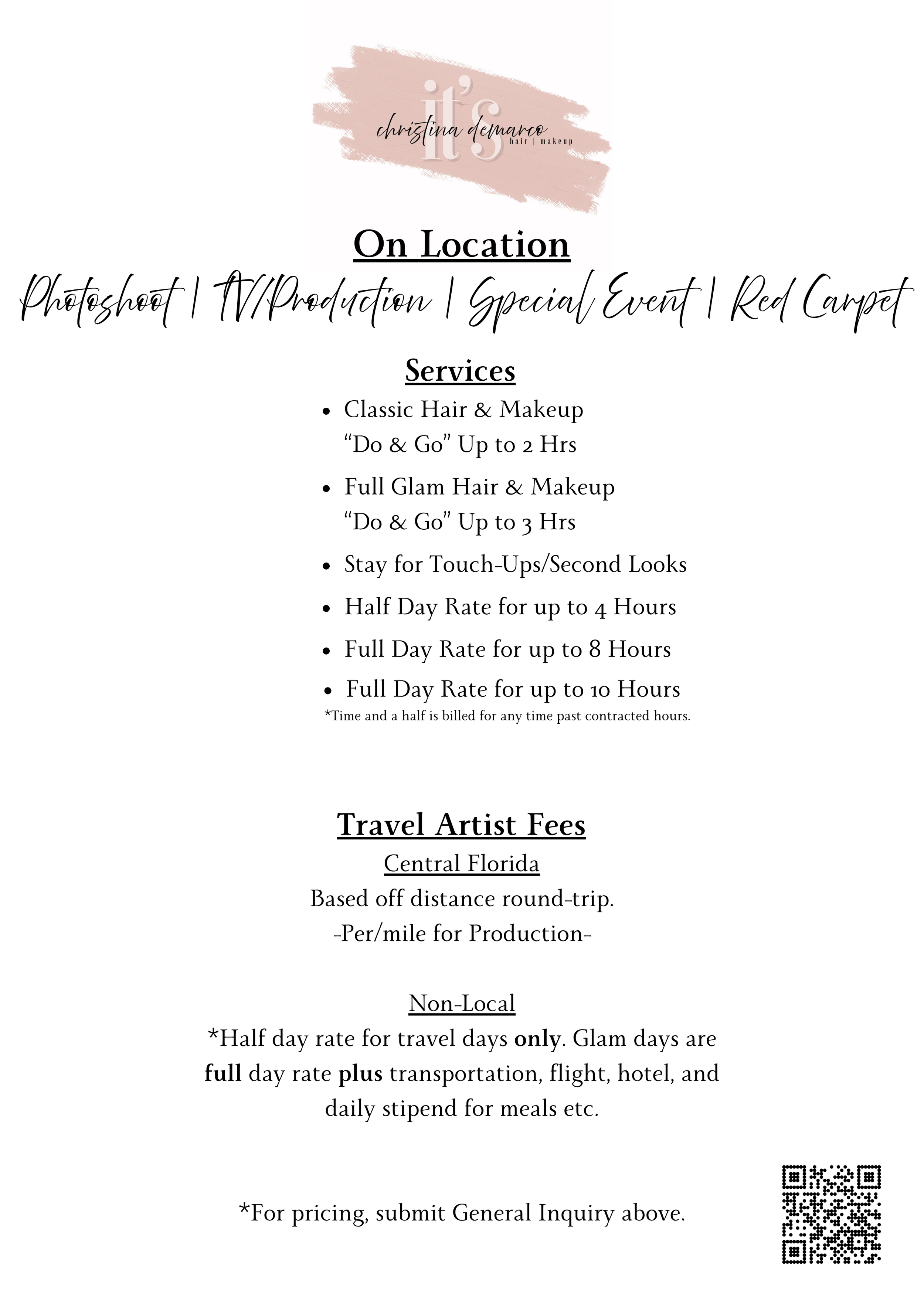 A service menu for Christina Demarco Hair & Makeup, listing on-location services including classic and full-glam hair and makeup, touch-up and second look services, and various hourly rates. It also details travel artist fees for Central Florida and 