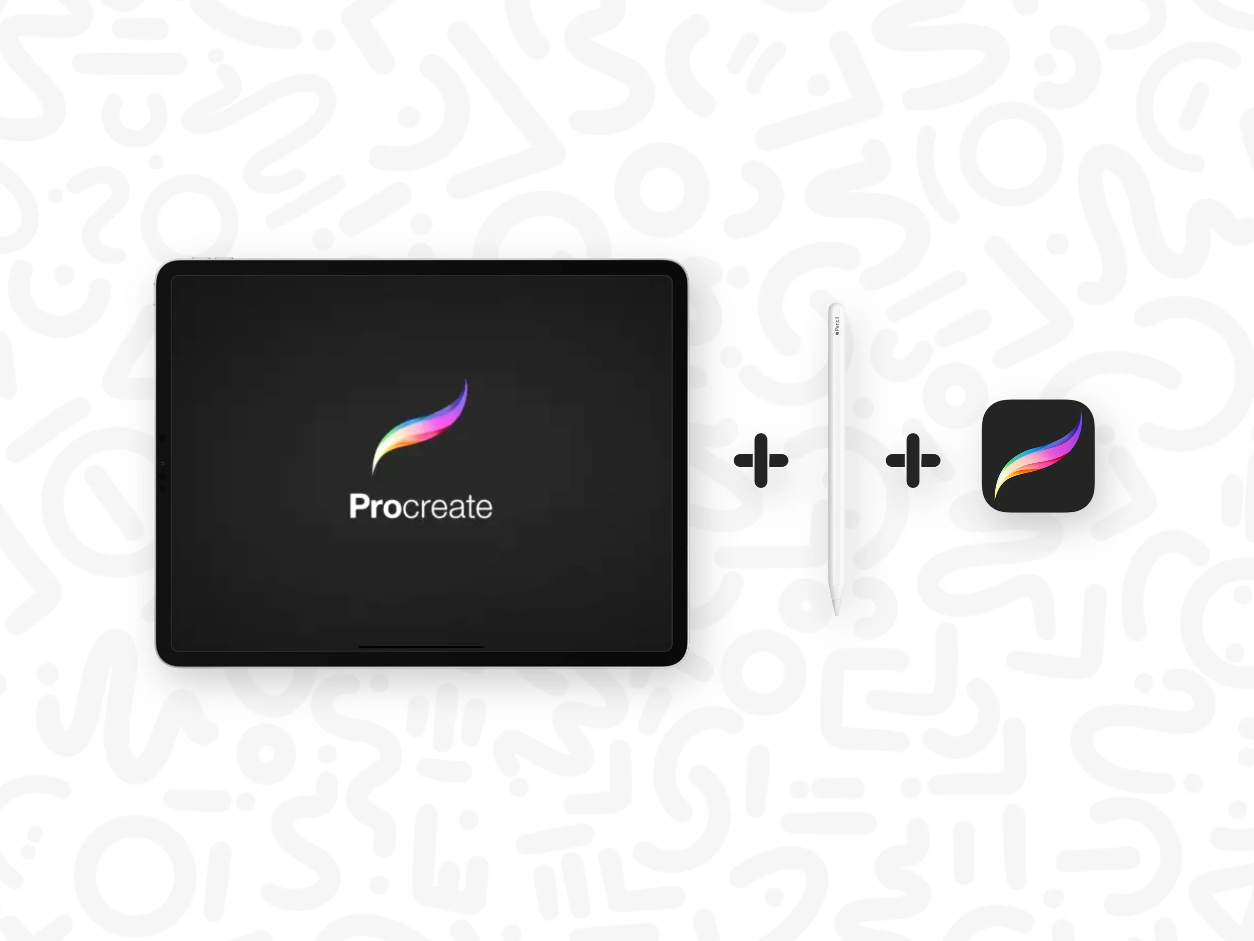 An iPad, Apple Pencil, and app icon for Procreate on a white background with gray design elements.