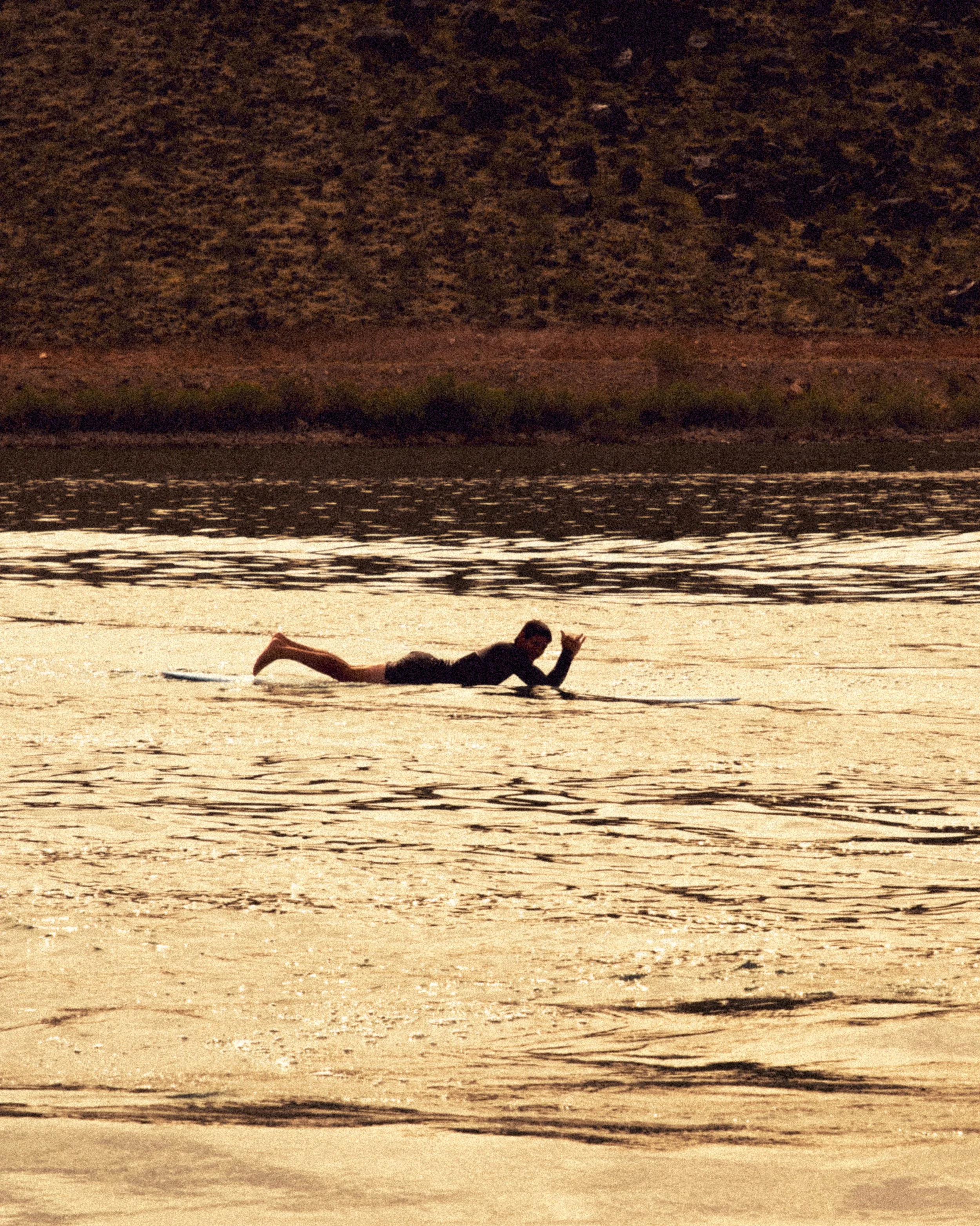 Person swimming in a body of water during sunset or sunrise.