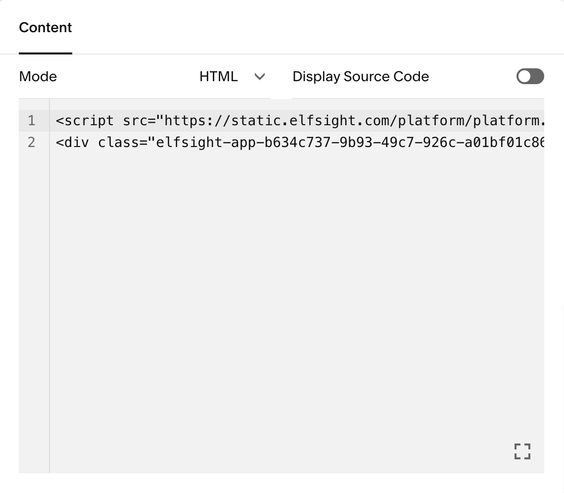Screenshot of Squarespace code block element with Elfsight Google Review code snippet for installation into your Squarespace website.
