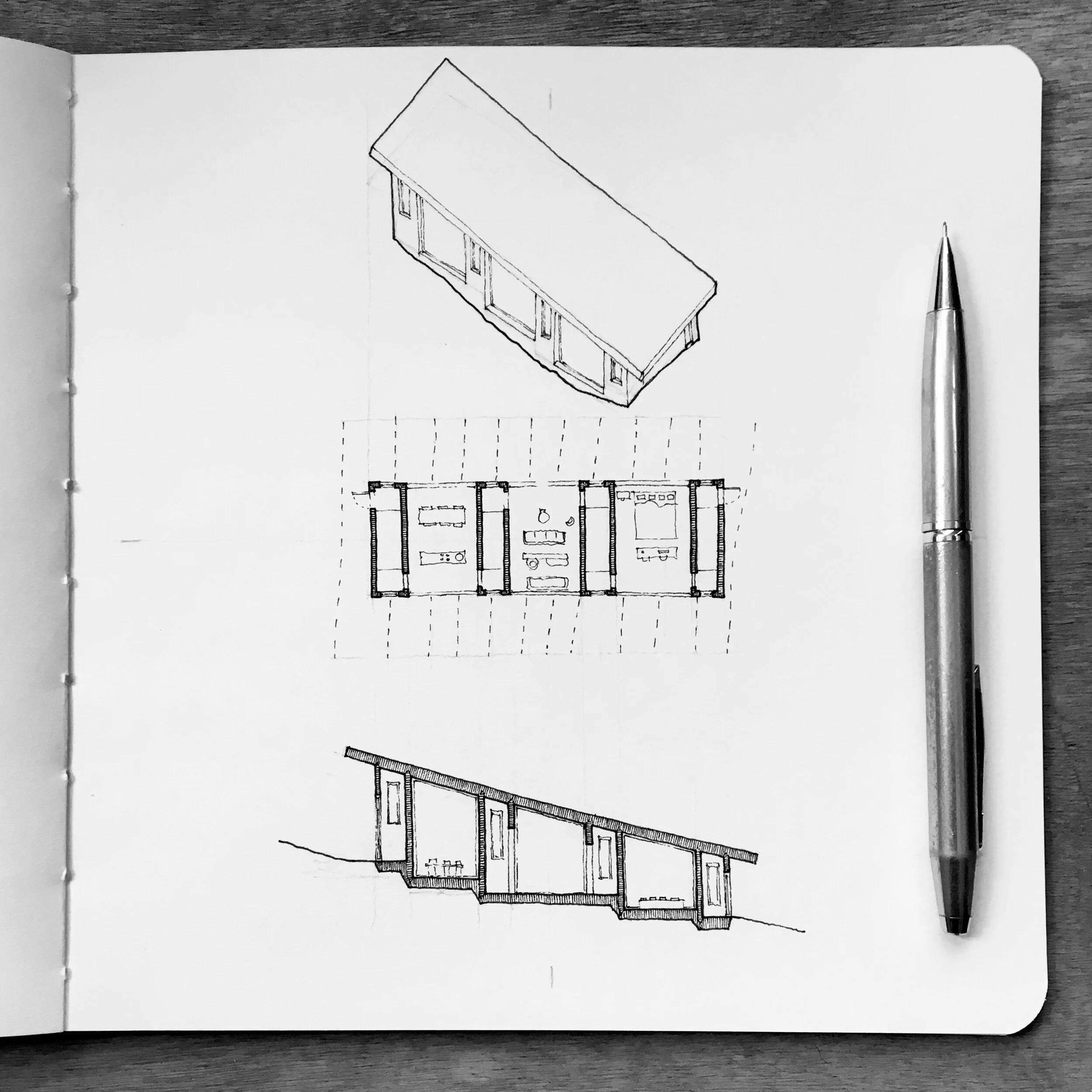 One House Per Day no.208One House Per Day no.208 is three main rooms cascading down a hill, connected by enclosed ramps. A single large roof over all rooms slopes more steeply than the hill, so that the rooms get progressively taller uphill.