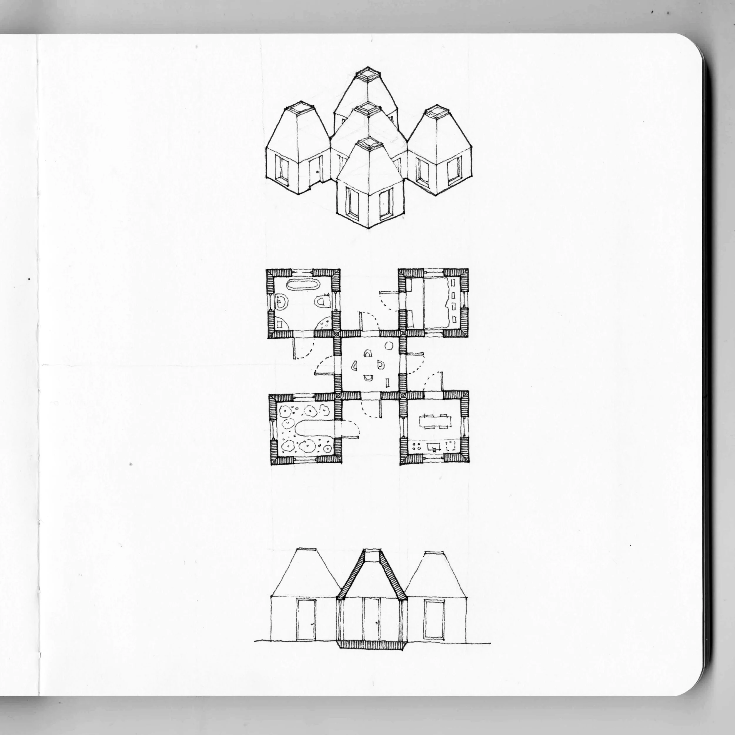 One House Per Day no.035 is a five-room, 3x3 checkerboard. Each of the occupied squares is home to a different functional space and the void squares are, well void.