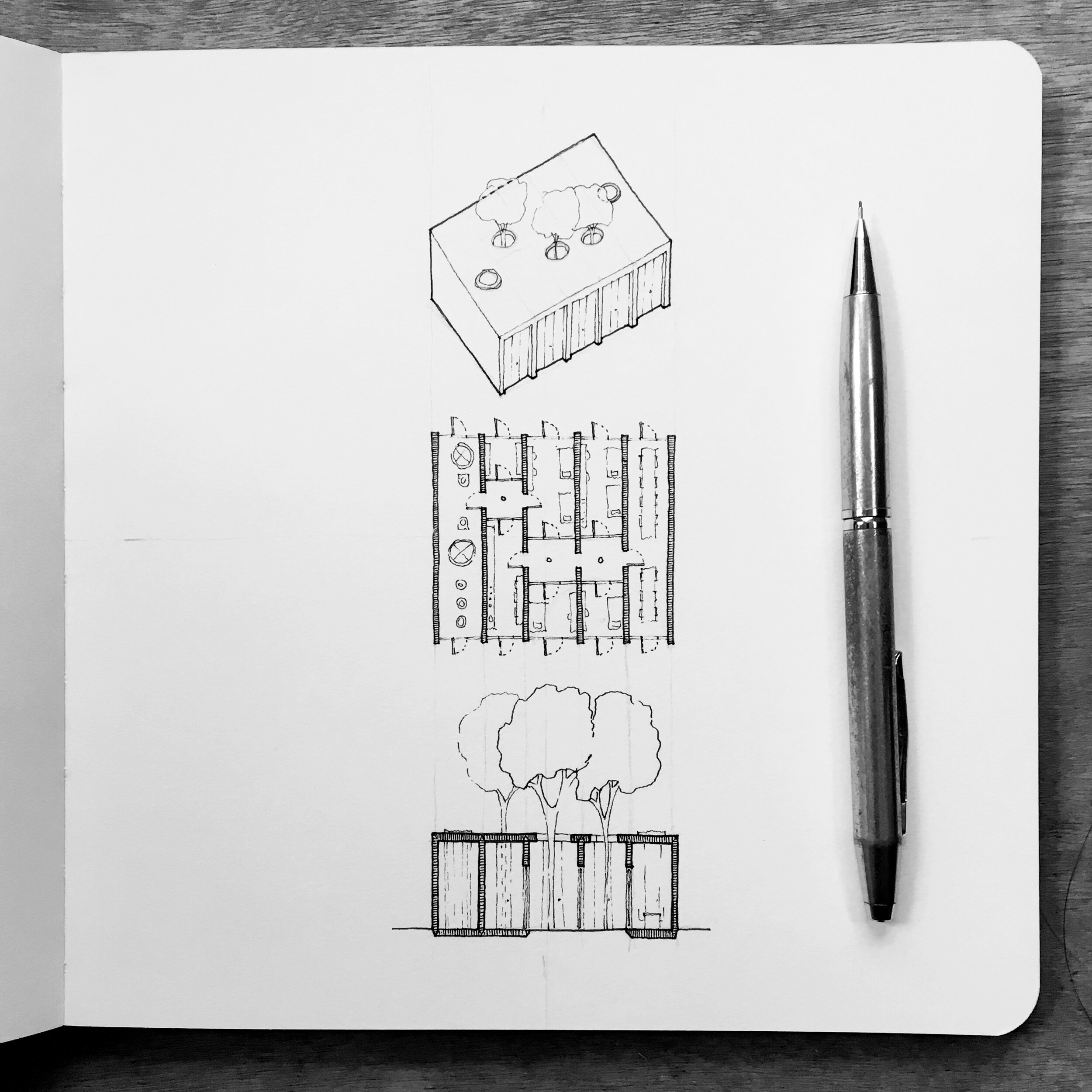 One House Per Day no.182 is composed of five linear rooms, three of which contain small courtyards.