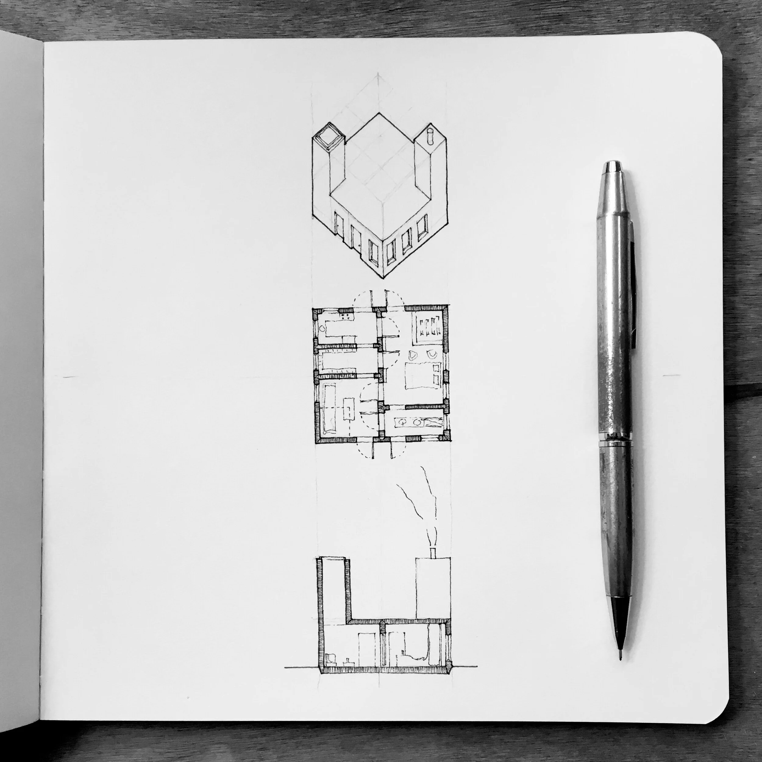 One House Per Day no.225 has interconnected rooms and a chimney and a towering skylight.