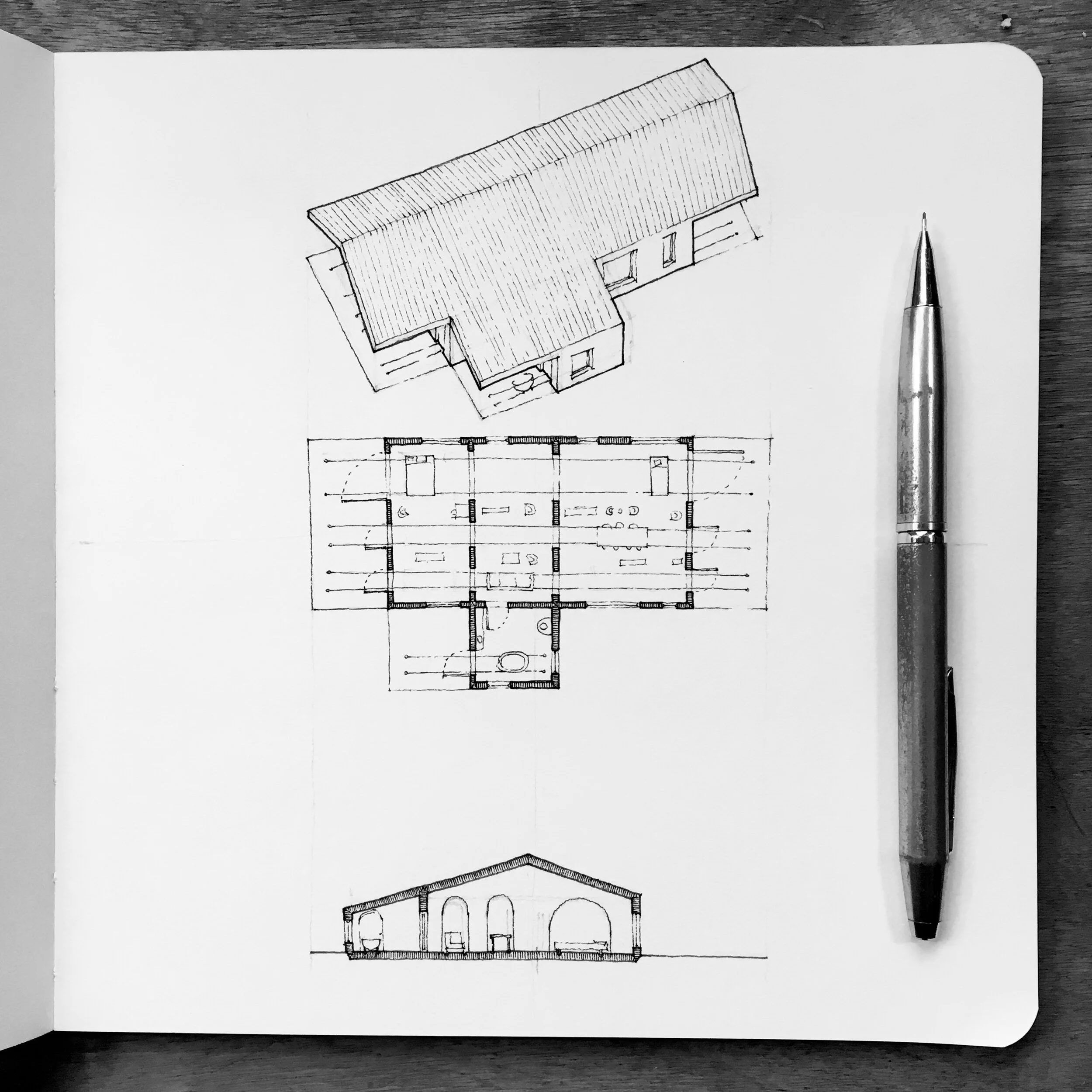 One House Per Day no.227 has moveable furniture on tracks. Rolling the bed into the kitchen is an option. Among the many issues: the exterior doors won’t be able to close when the pieces are outside on the covered porches. I swear I’m not a bad arch…