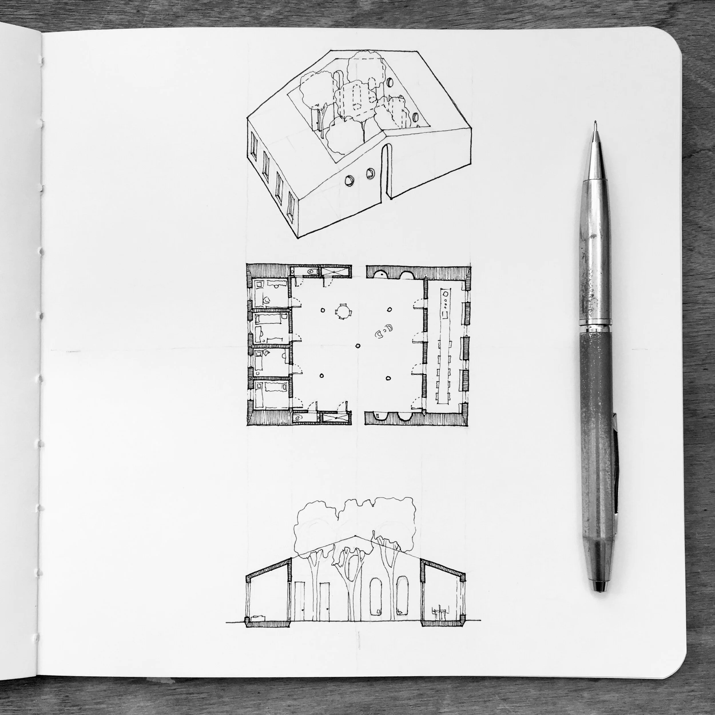 One House Per Day no.238 is two bars of enclosed space flanking a square courtyard. Thick courtyard walls provide space for bathing rooms and seating nooks.