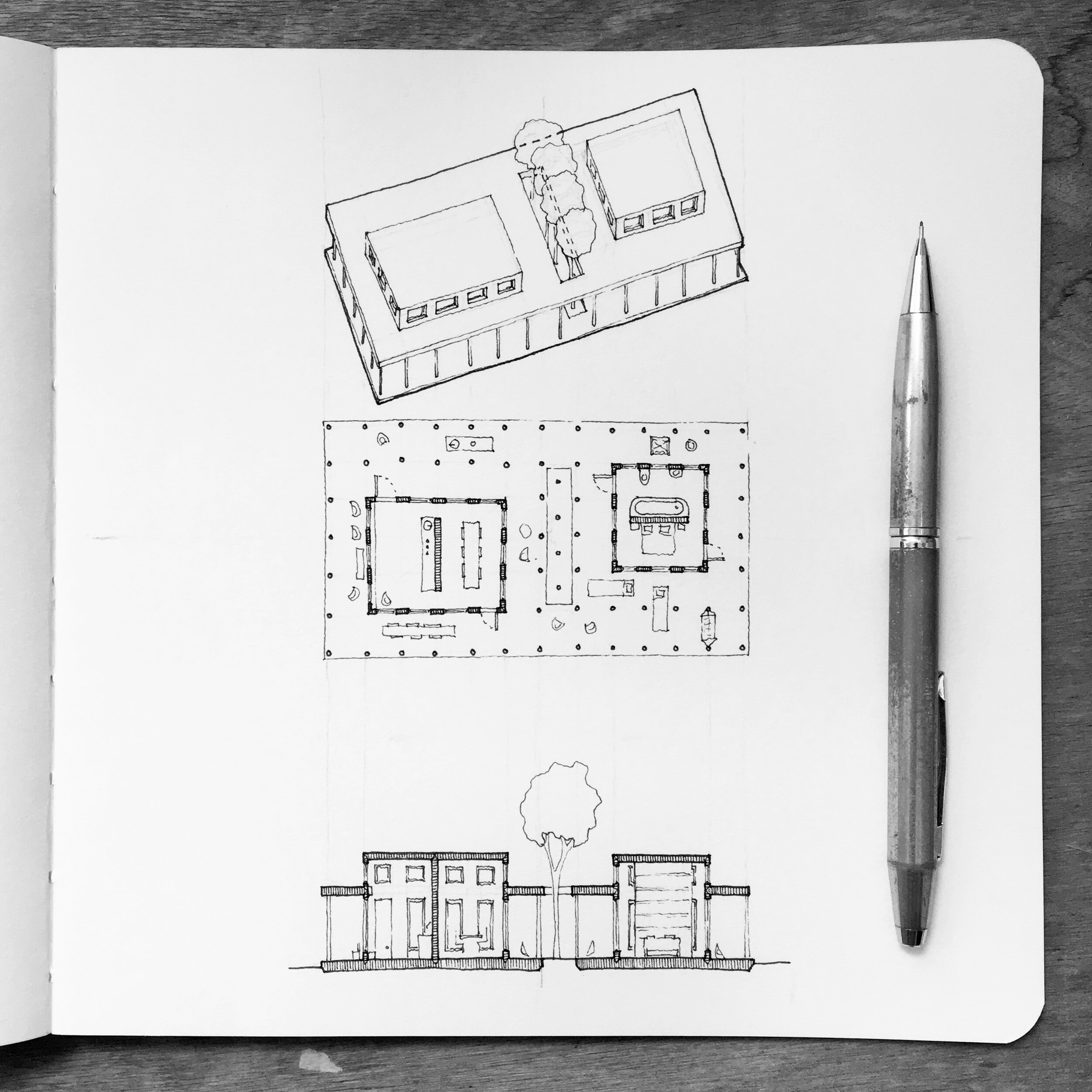 One House Per Day no.249 is two interior volumes subsumed by a columned porch. The volumes extend above the porch, creating clerestories.