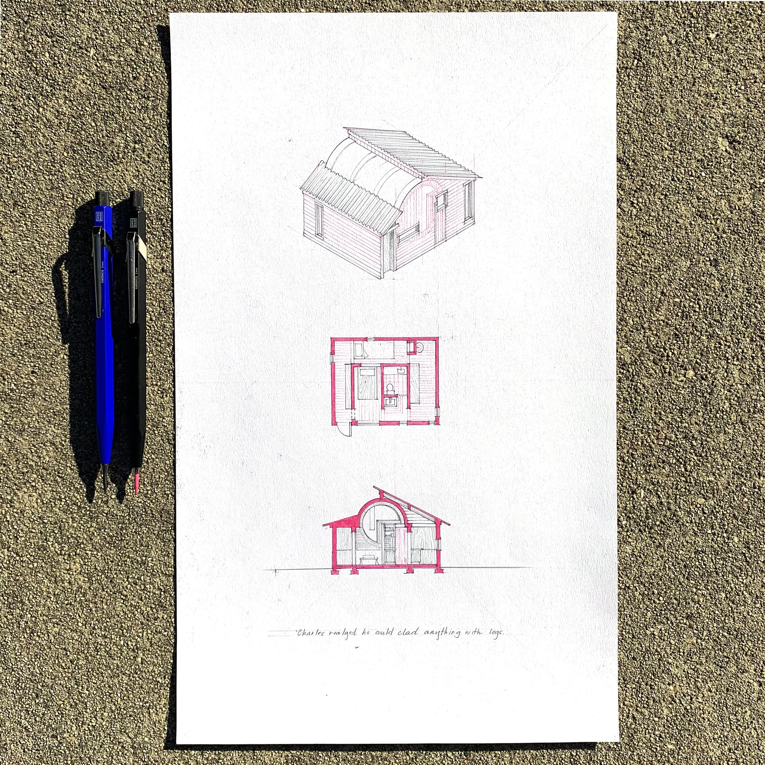 In One House Per Day no.423, by Stephanie Jazmines, Charles realized he could clad anything with logs. RIYL: Corbu and le Cabanon, log houses, hygge, sheds, Canadian logs.