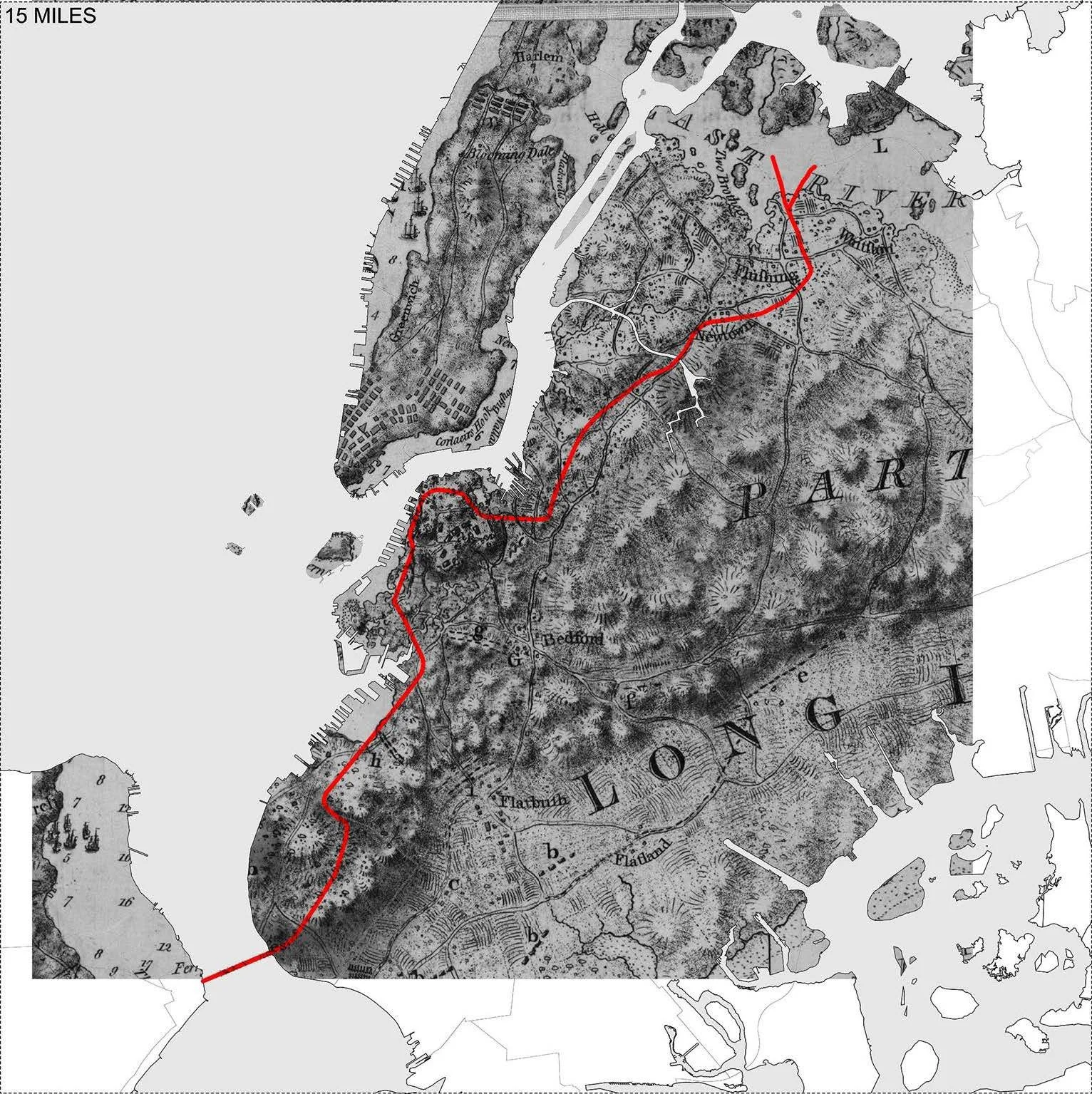 The path of the BQE mapped over a British Army topography map from 1777