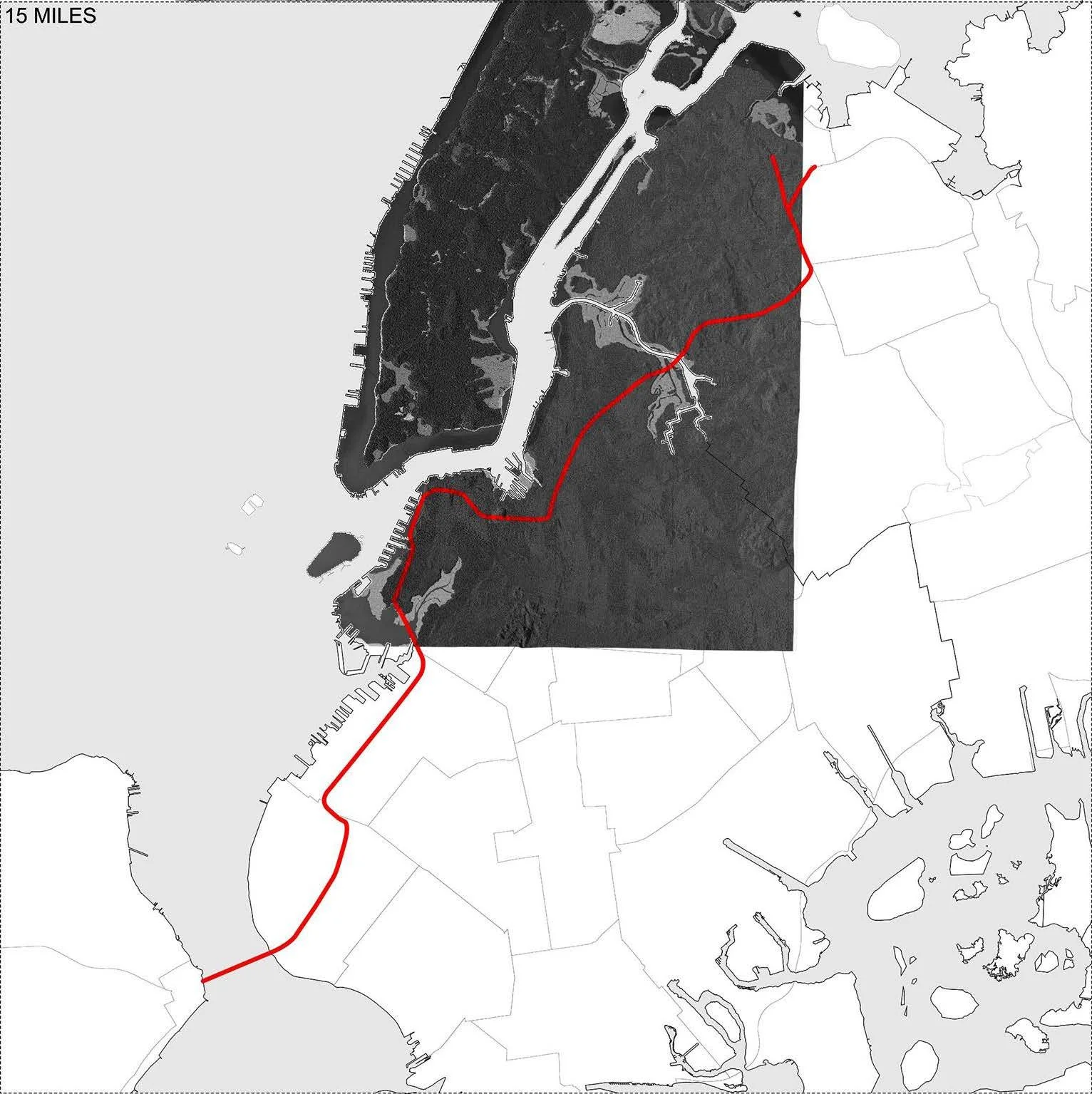 The path of the BQE mapped over Eric Sanderson's "Mannahatta" map of 1609 New York