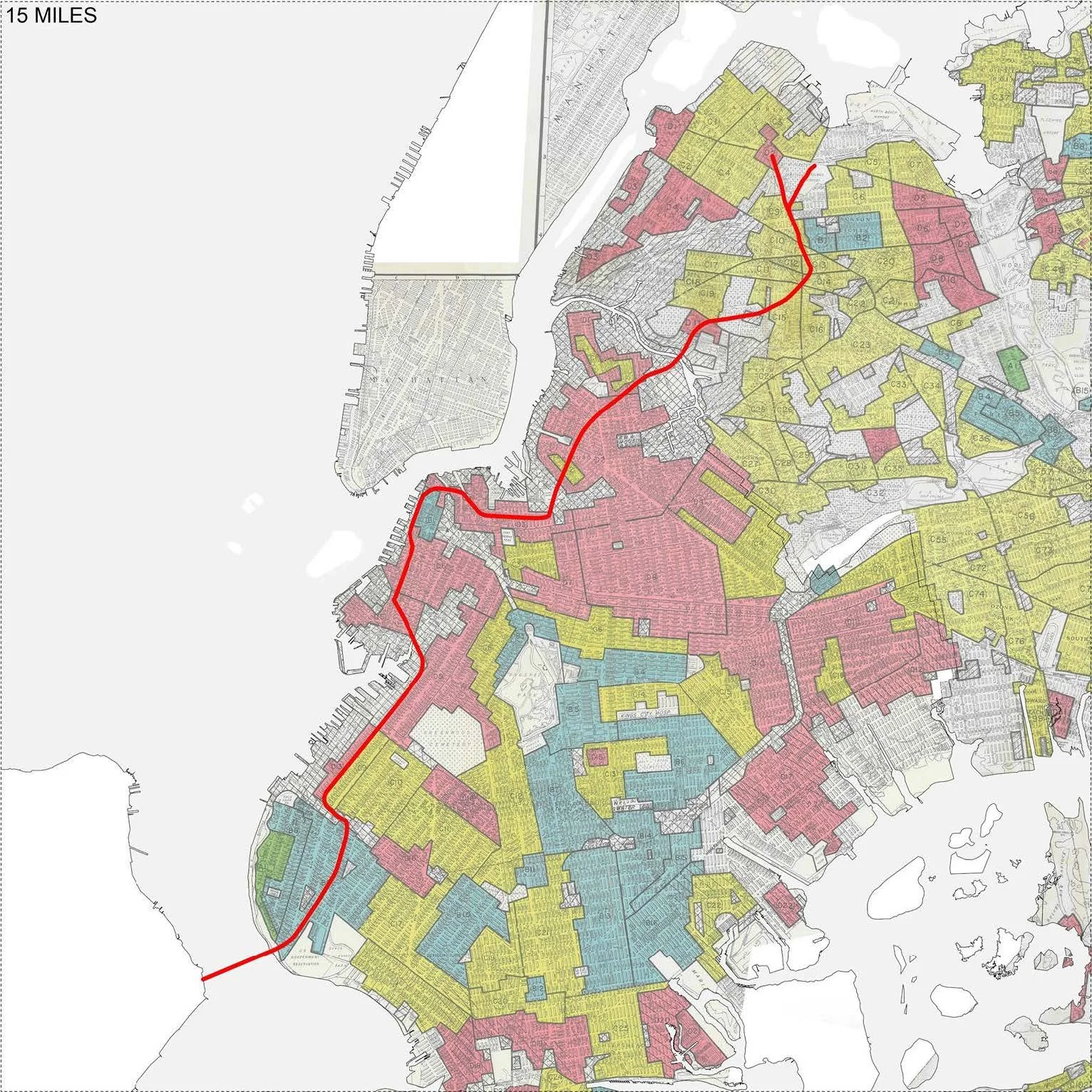 The path of the BQE mapped over the infamous HOLC "redlining" maps of Brooklyn and Queens
