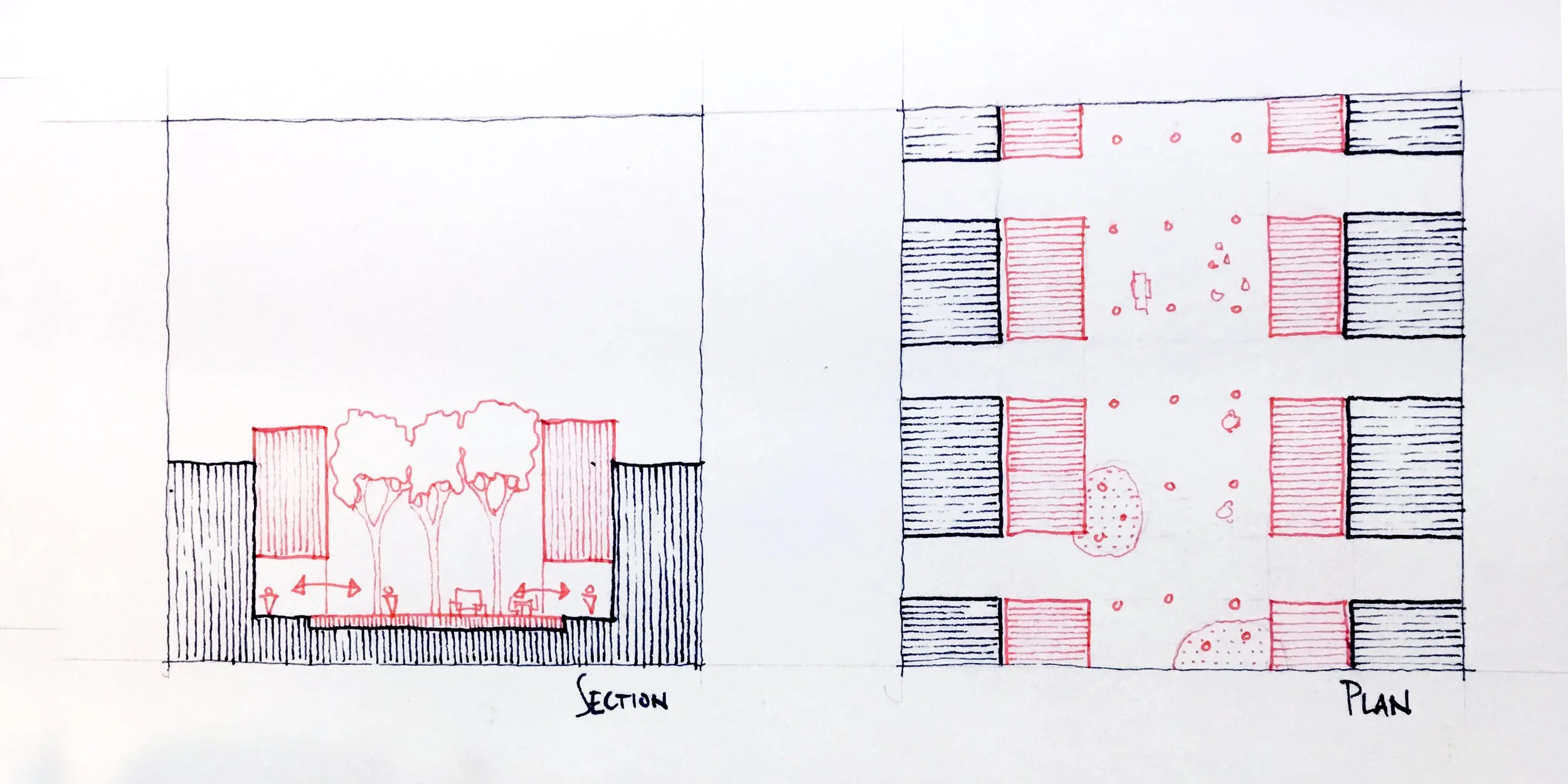 Concept sketches: New buildings at both sides of right-of-way