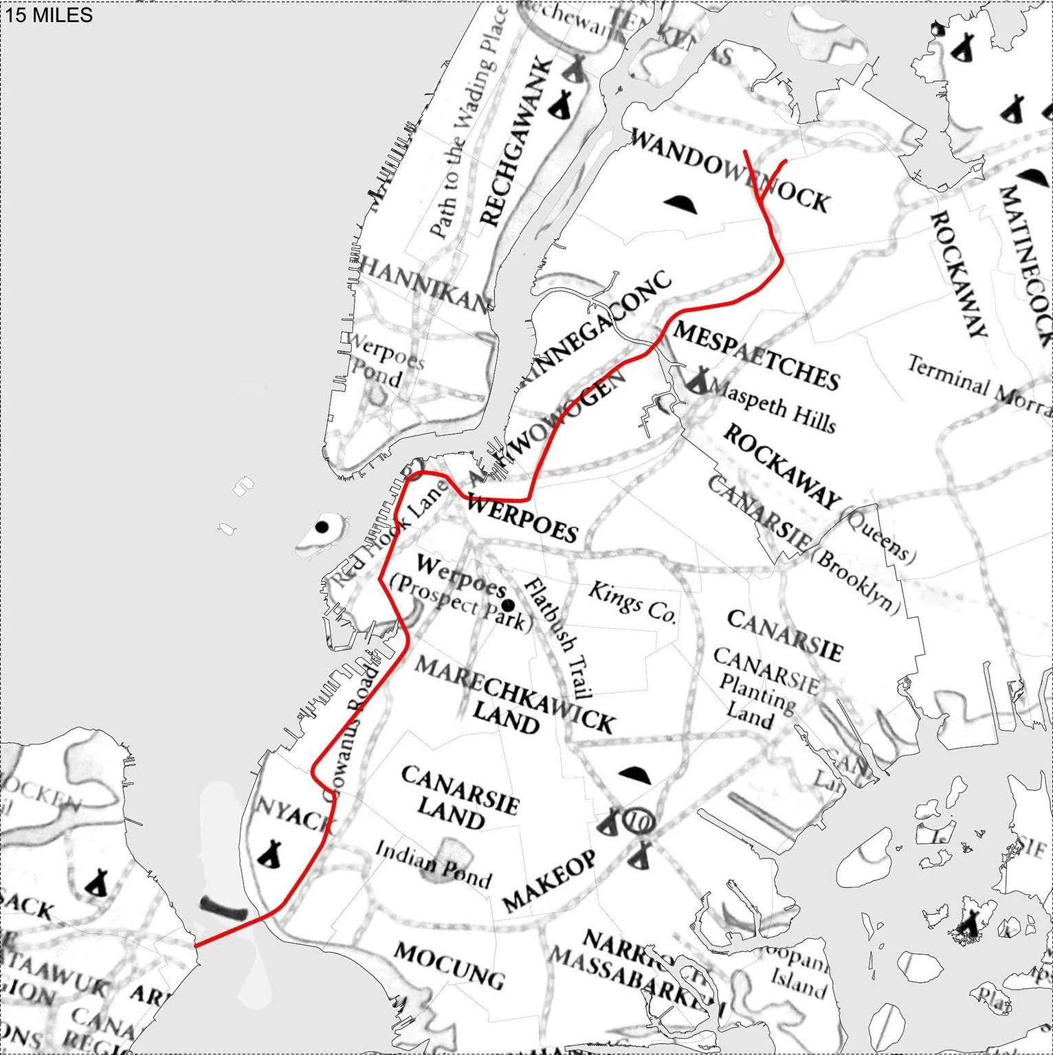 The path of the BQE mapped over Evan Pritchard's First People's map from "Native New Yorkers"