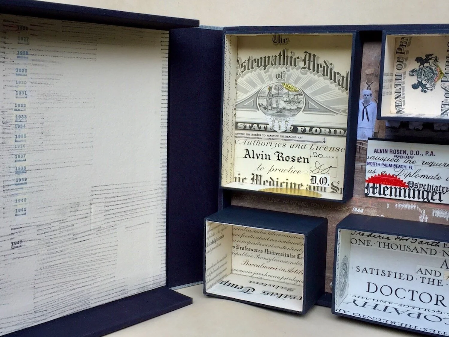  Lifetime Achievements, 2019 detail, boxes within box, original documents, rubber stamping, hand coloring 