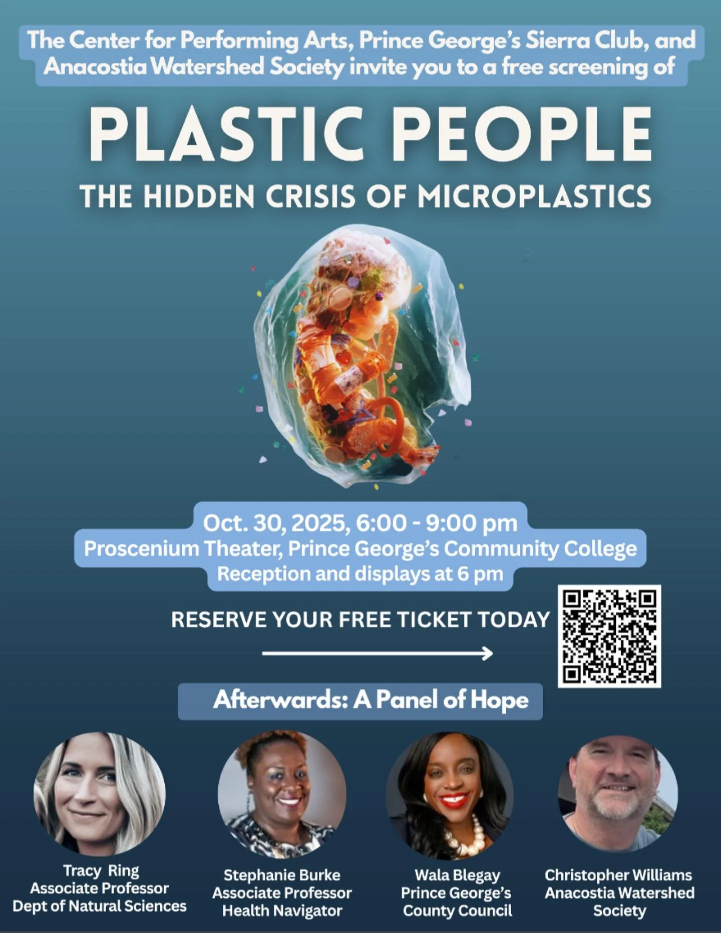 Join us and our friends @sierraclubmd @anacostiaws for the screening of &ldquo;Plastic People: The Hidden Crisis of Microplastics&rdquo; on October 30th at the Prince George&rsquo;s Community College, Center for the Performing Arts, in Largo! 

Doors