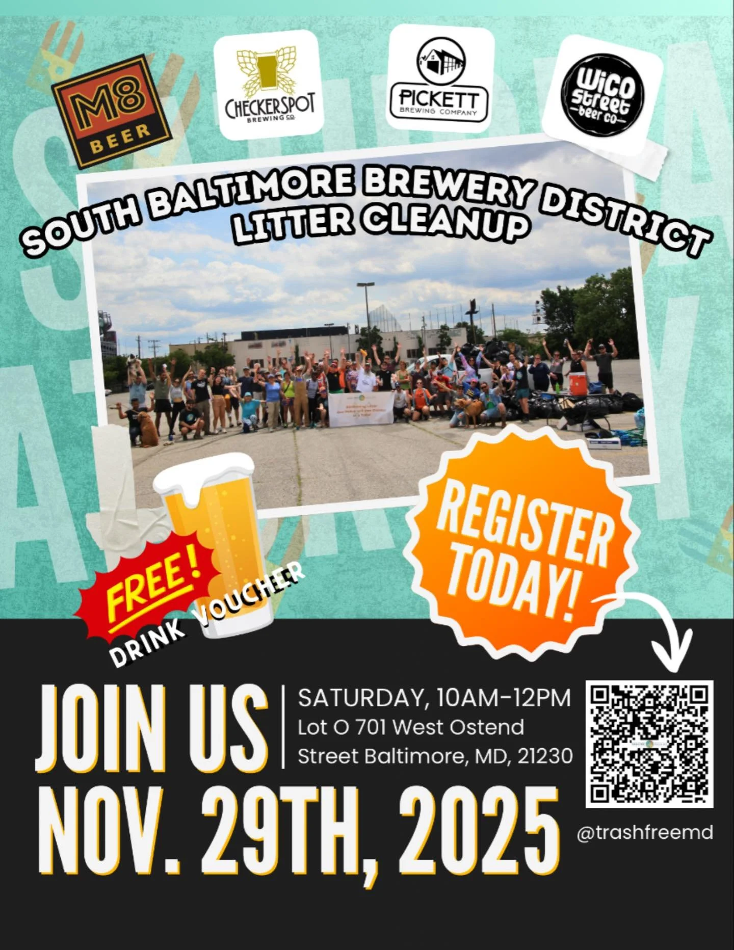 📣In Case You Missed It!📣

Next Saturday, November 29th, 2025, TFM will be hosting another clean up in the Southern Baltimore Brewery District!

If you are interested in joining us and other volunteers, scan the QR code above or visit https://www.tr