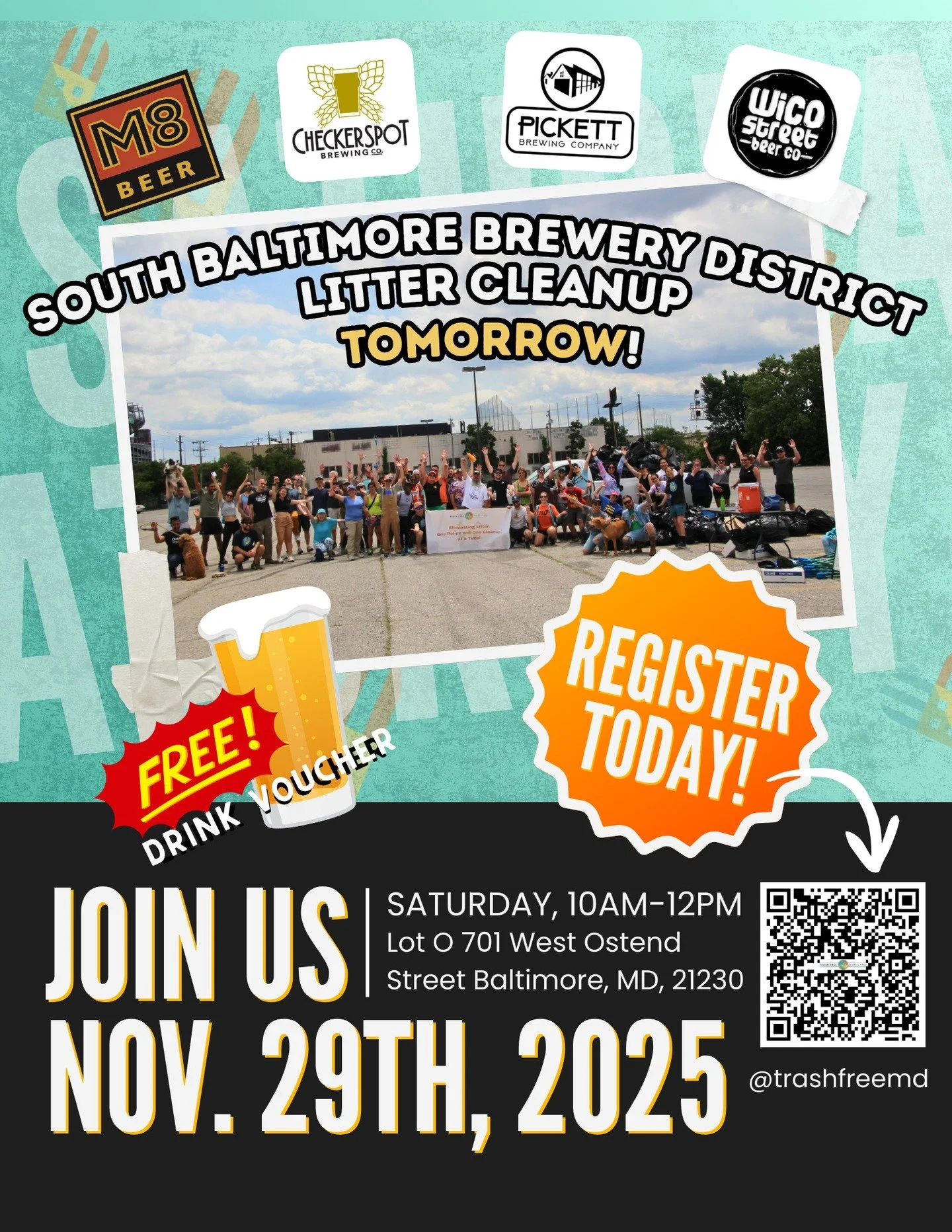 Tomorrow! Saturday, November 29th, 2025, TFM will be hosting a clean up in the South Baltimore Brewery District with @sobo_brewery_district @wicostreetbeerco @checkerspotbrewing @m8beerco and you!

Scan the QR code or visit 

https://www.trashfreemar