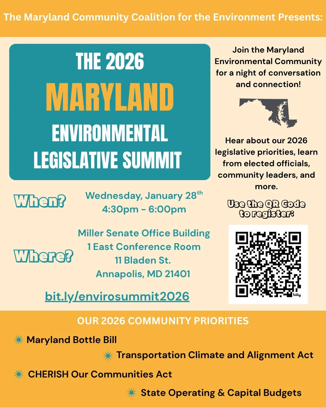 The new year and legislative session is just around the corner! 

Join us and Maryland's Environmental Community for the 2026 Maryland Environmental Legislative Summit!

Open to all! Learn about our 2026 environmental legislative priorities (includin