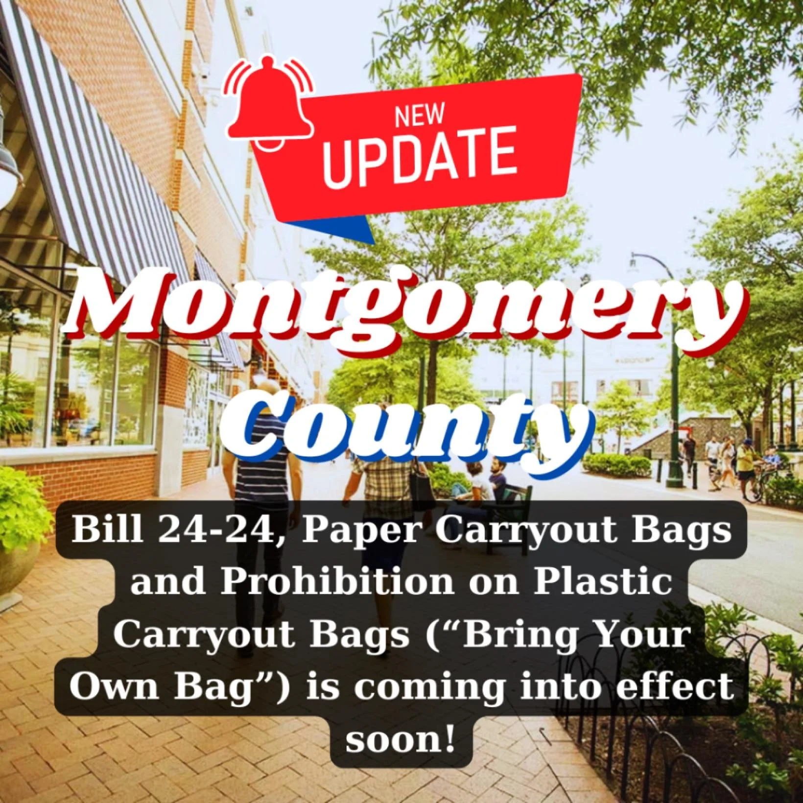 Montgomery County&rsquo;s Bring Your Own Bag Bill will take effect next week on January 1st! 

The new law amends the county&rsquo;s current carryout bag law to increase the bag tax to 10 cents and to prohibit the use of plastic carryout bags. Retail