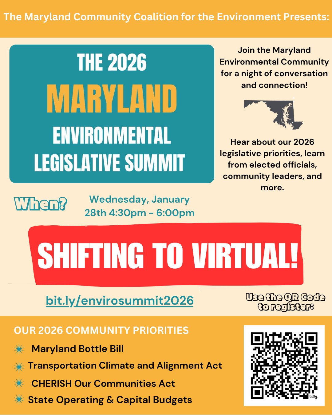 Shifting to virtual format! 

If you are interested in learning about new legislative priorities and policy, hearing from elected officials, supporting community efforts, and more, join us and Maryland&rsquo;s Environmental Community for the 2026 Mar