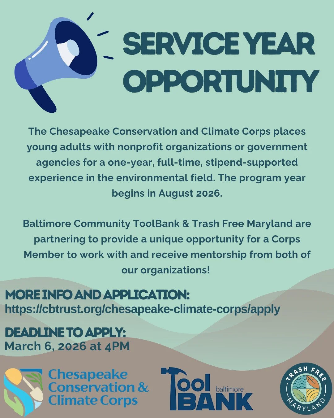 Trash Free Maryland and @bmoretoolbank are partnering to host a Chesapeake Conservation and Climate Corps Service Member for 2026-27! 

Chesapeake Conservation and Climate Corps places young adults with nonprofit or government organizations for a one