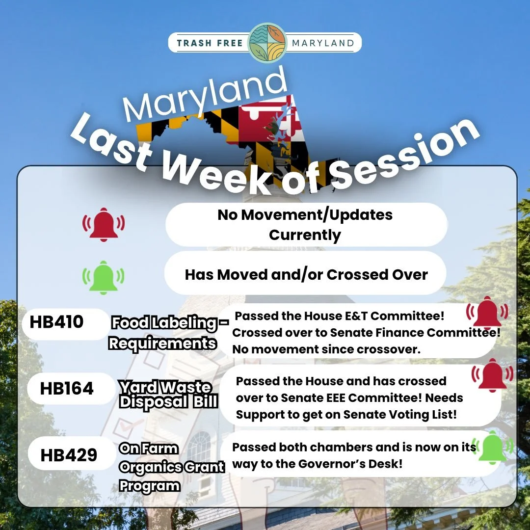 Last Week of Session Updates!

While HB429- On-Farm Organics Grant Program has seen some movement and is now on its way to the governor&rsquo;s desk, HB164 - State Buildings and State Highways Collection and Disposal of Yard Waste Bill is in need of 