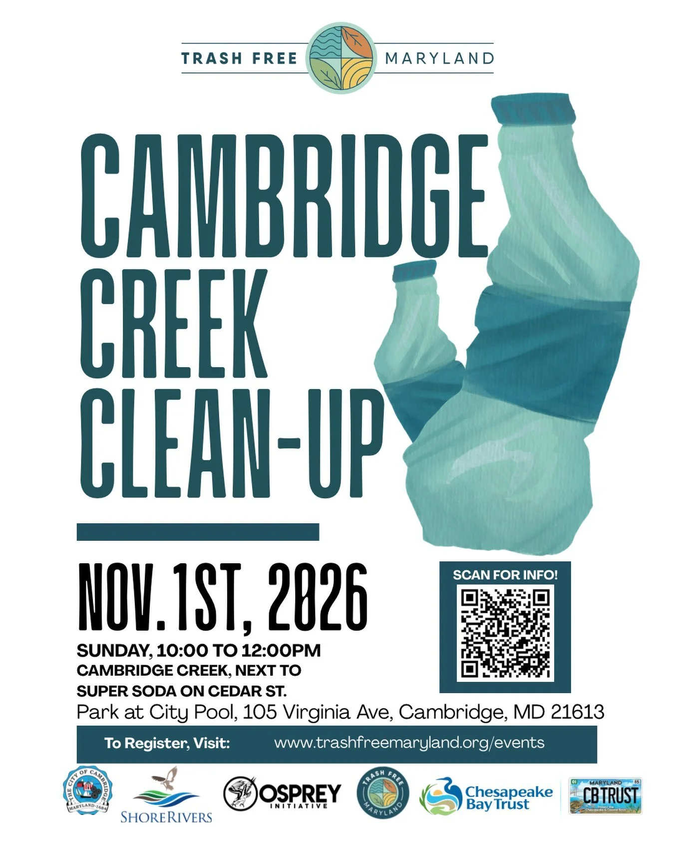 Mark your calendars and join us for a community cleanup of Cambridge Creek on November 1st!

Trash Free Maryland is partnering with the City of Cambridge, ShoreRivers, Osprey Initiative, and Chesapeake Bay Trust to host this opportunity to pick up li