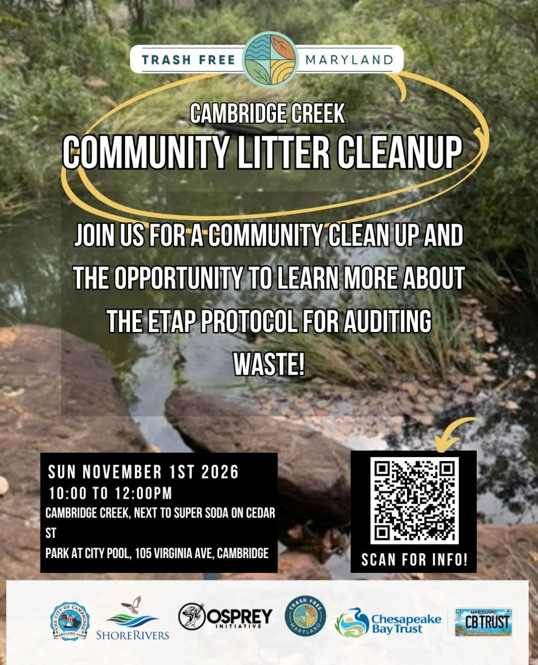Join us for a community litter cleanup of Cambridge Creek on November 1st! Trash Free Maryland is partnering with the City of Cambridge, ShoreRivers, Osprey Initiative, and Chesapeake Bay Trust to host this opportunity to pick up litter and learn abo