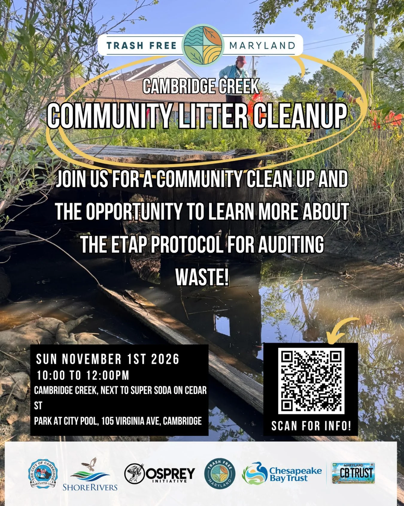 In Case You Missed It!

There&rsquo;s still time to mark your calendars and join us for a community cleanup of Cambridge Creek on November 1st, 2026!

Trash Free Maryland is partnering with the City of Cambridge, ShoreRivers, Osprey Initiative, and C