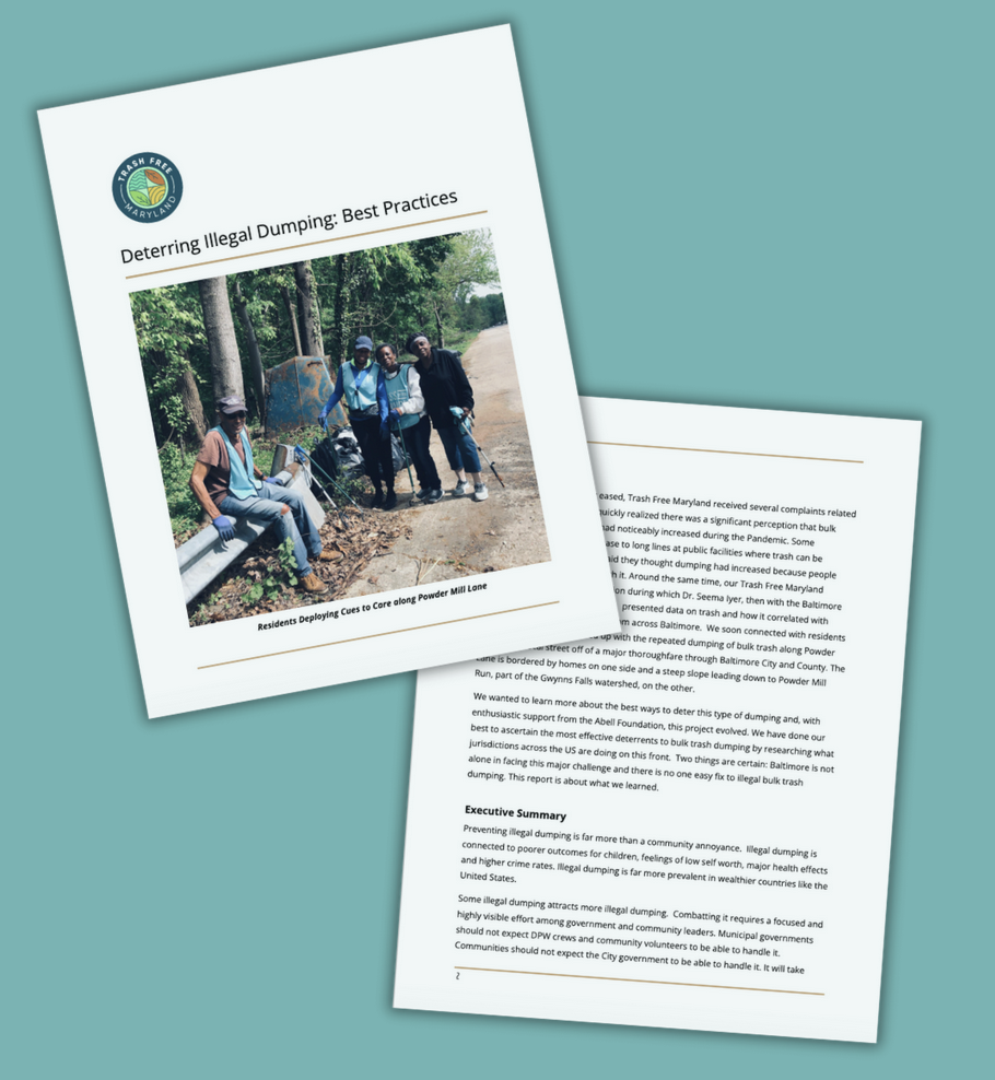 Image shows cover of Deterring Illegal Dumping: Best Practices report with round Trash Free Maryland logo, title of the report, and color picture of residents cleaning trash and litter along a road edge with an abandoned vehicle in the background.