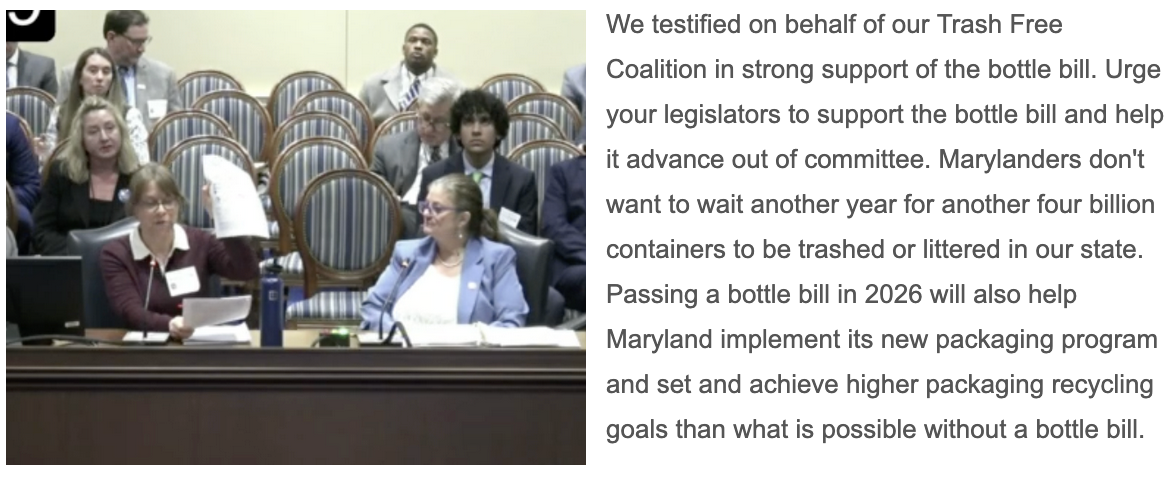 Kelly Doordan speaks into microphone at hearing holding up packet of testimony supporting the bottle bill. Del. Terrasa sits close by and watches testimony.