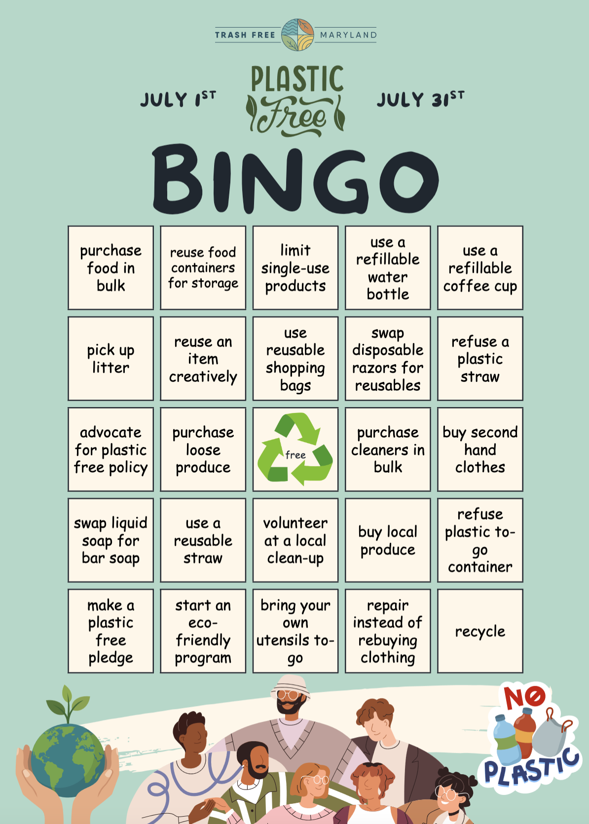 BINGO card with 5x5 array of 25 boxes filled with activities to undertake for plastic free july.