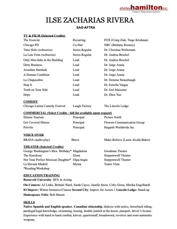 A résumé or profile page for Ilse Zacharias Rivera, listing her talents, skills, and credits in TV, film, comedy, voice-over, theater, education, and training, with logos of Shirley Hamilton Talent Representation.