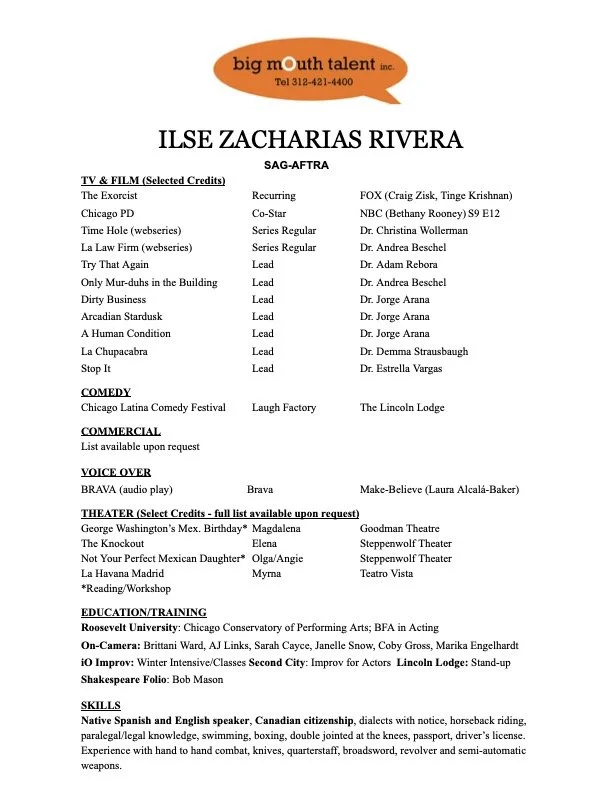Ilse Zacharias Rivera SAG-AFTRA actor resume