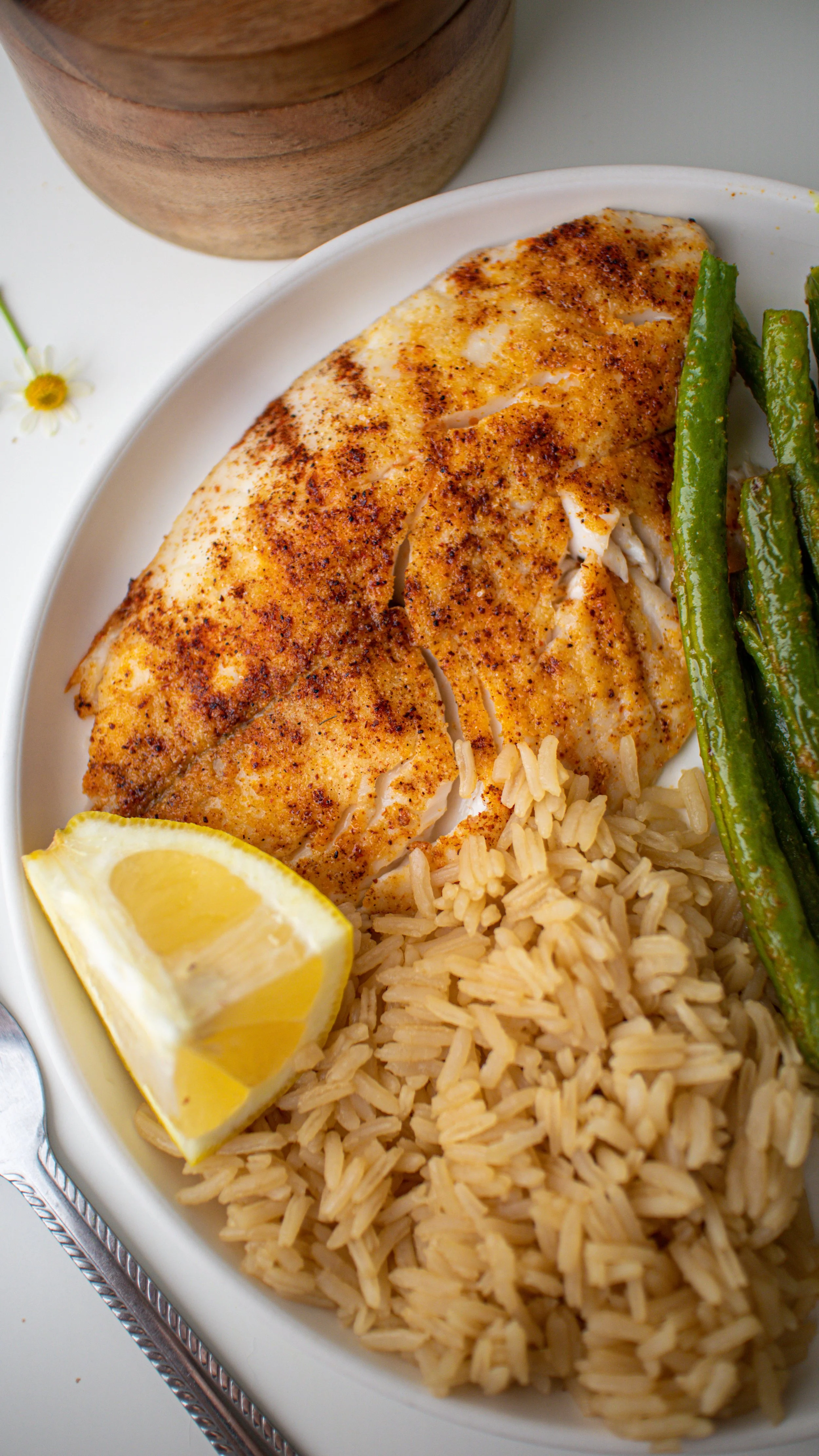 This air fried tilapia with rice & veggies is a quick and healthy meal