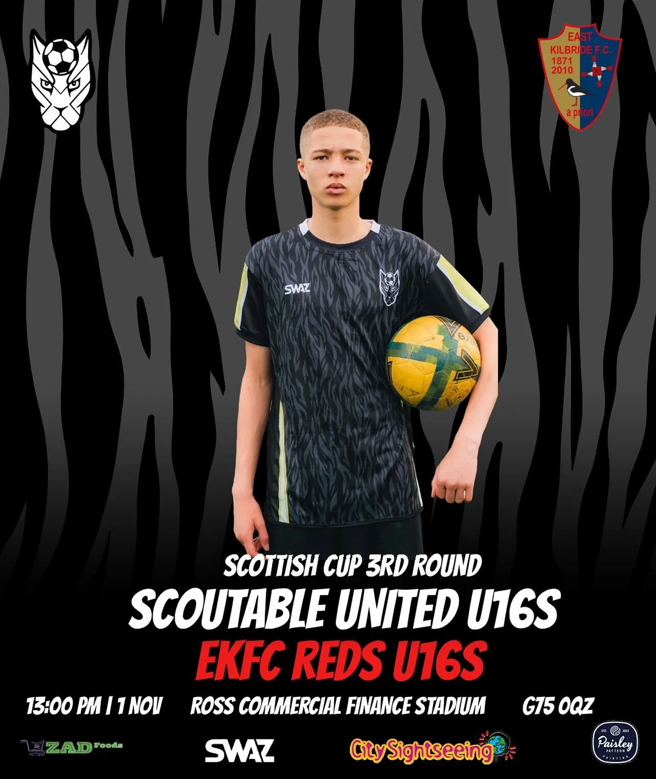 U16&rsquo;s SCOTTISH CUP GAME TOMORROW

Our 16&rsquo;s will take on @eastkilbridefc2010 in the 3rd round of the Scottish Cup.

Location: Ross Commercial Finance Stadium, G75 0QZ
Kick off: 1pm 

Should be an entertaining game✔️