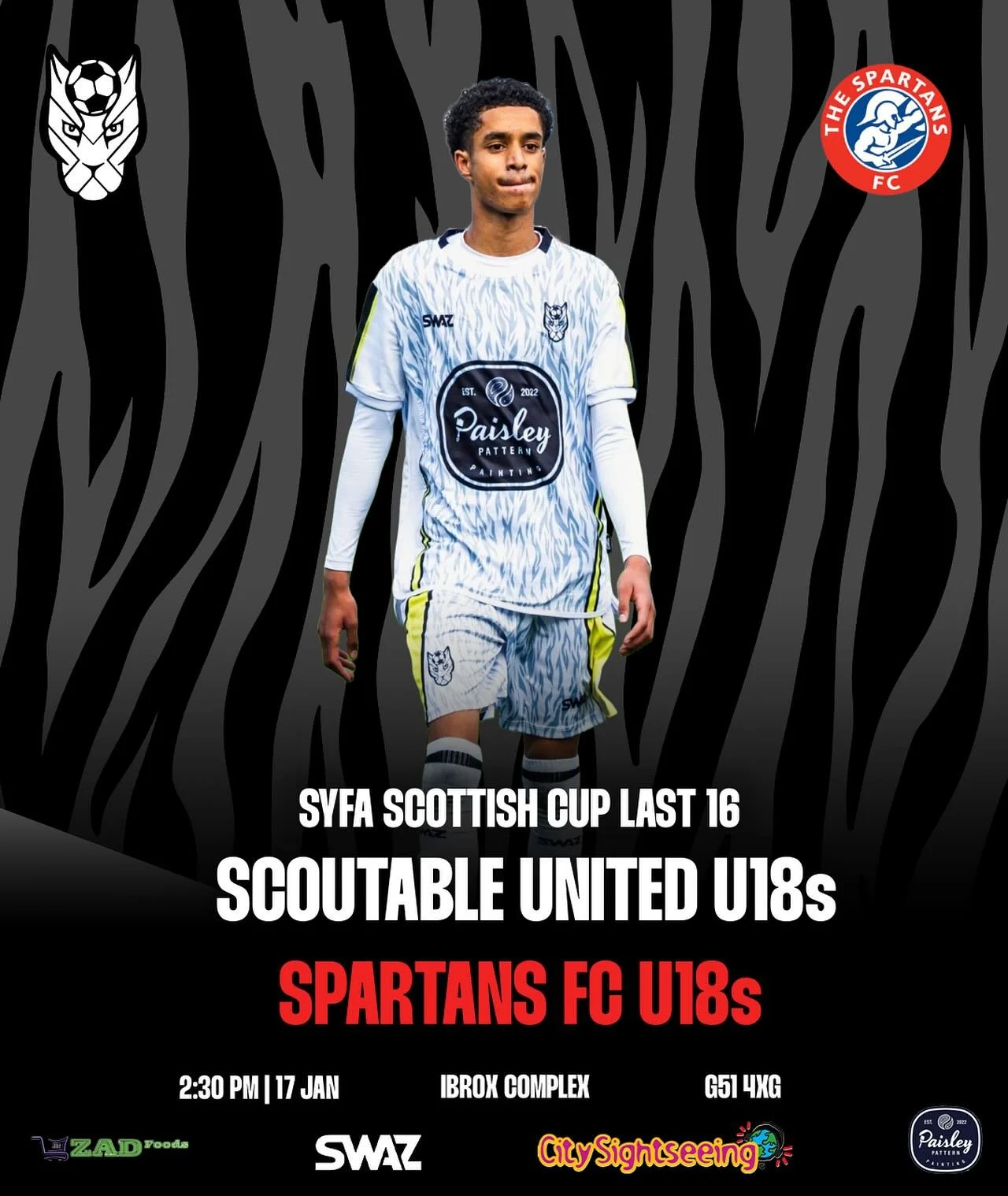 U18&rsquo;s SCOTTISH CUP GAME THIS SATURDAY 

Our U18&rsquo;s will take on @spartansreds08 in the Last 16 of the Scottish Cup 

Location: Ibrox Community Complex, G51 2XP
Kick off: 2:30pm 

Come along and support the team. Should be an entertaining g