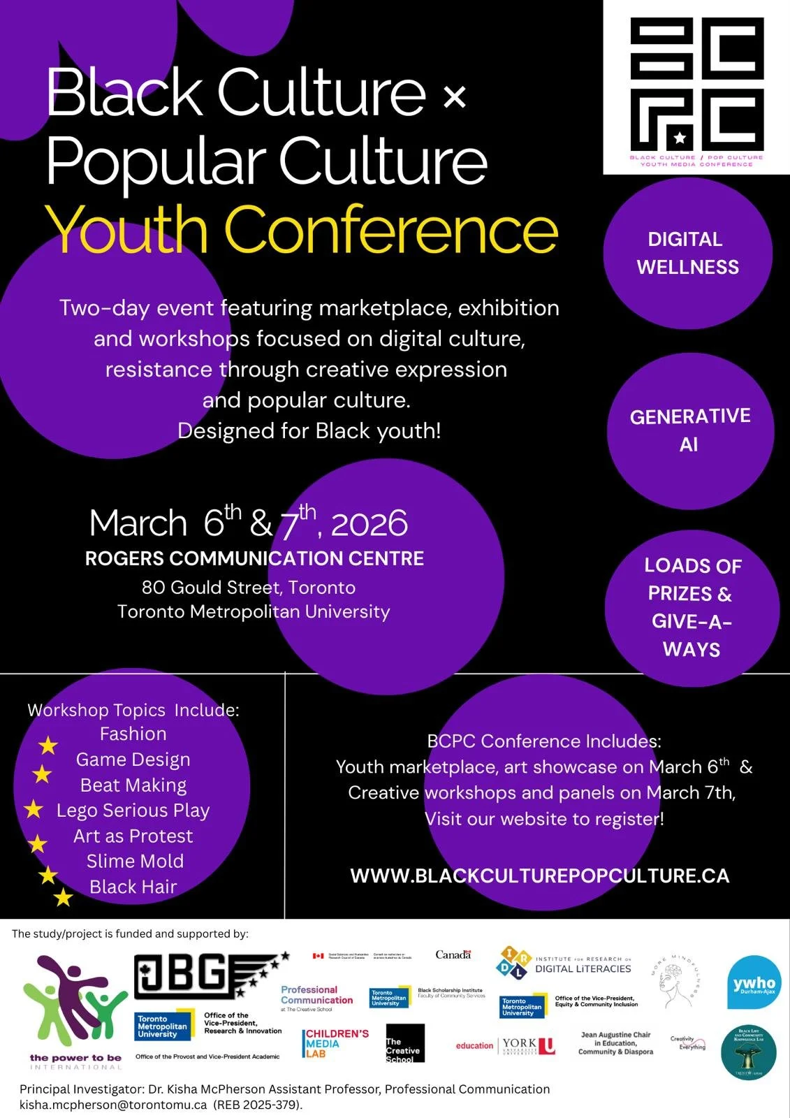 Creative image featuring seven purple spheres, sponsor logos, and text promoting a marketplace and conference for Black youth.