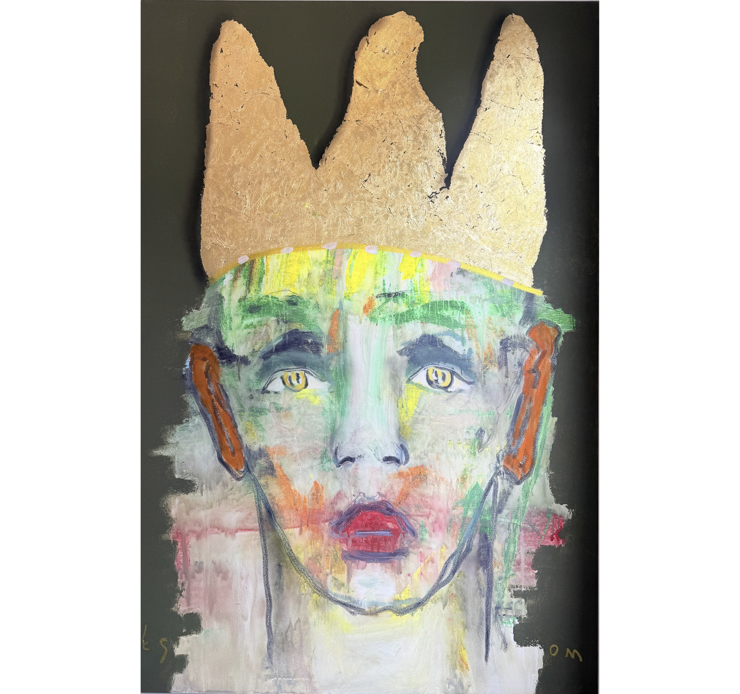 "ABSTRACT FIGURE WITH GOLD LEAF CROWN ON OLIVE"  •  48 x 72