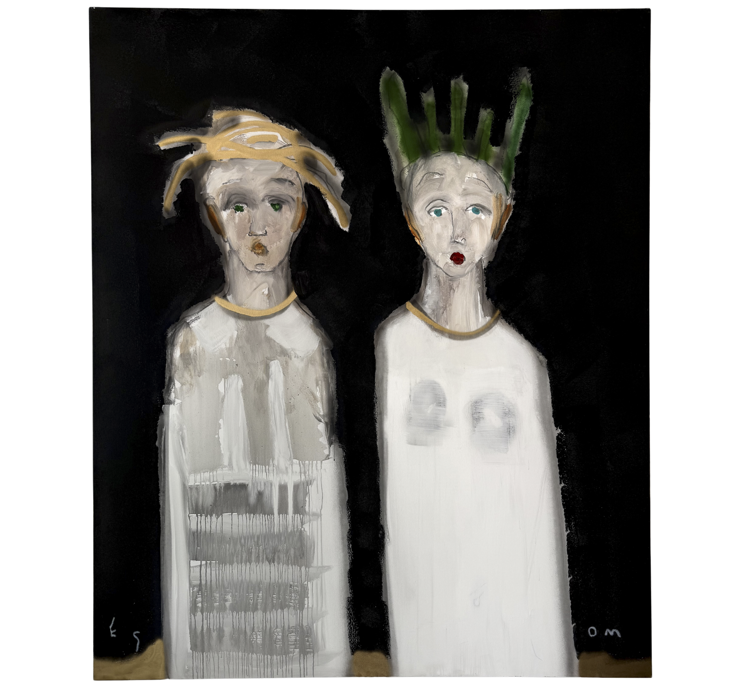 "PAIR OF FIGURES WITH STRAW CROWN AND STALK CROWN"  •  60 x 72