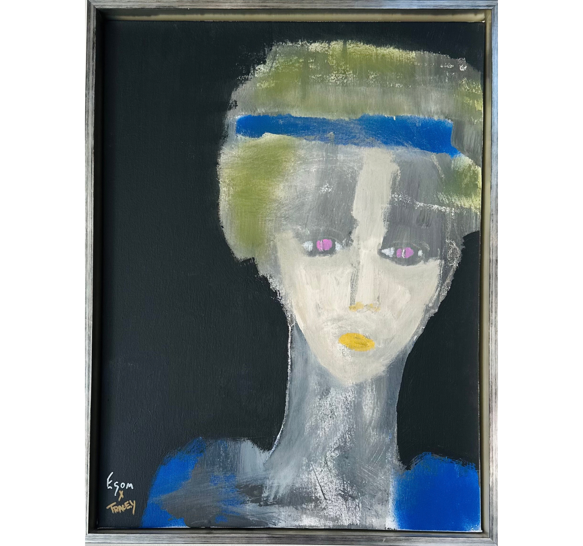 118. “Collab; Blue Figure on Black” ESOM x Tracey | 18” x 24”; Frame: 19.5” x 25.5” | $1600