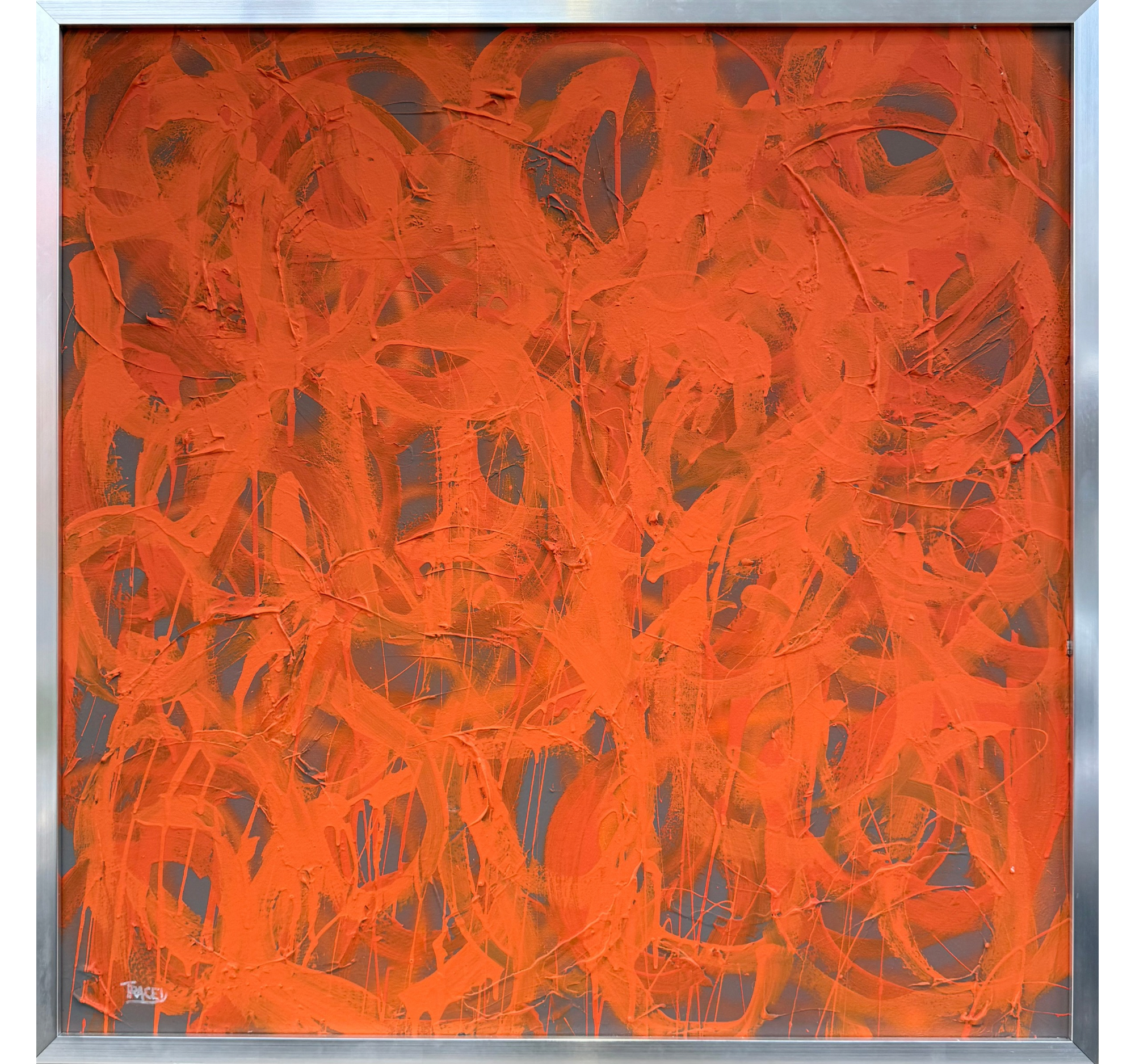 "Love Song in Orange" Tracey Mose | 36" x 36"; Frame: 37.5" x 37.5" | $2700
